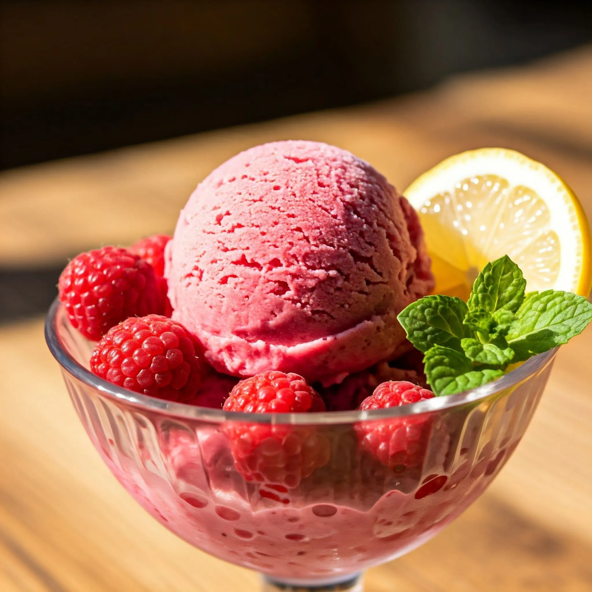 Refreshing Vegan Raspberry Sorbet(1)_11zon A refreshing bowl of vegan raspberry sorbet with fresh raspberries, lemon slice, and mint sprig.
