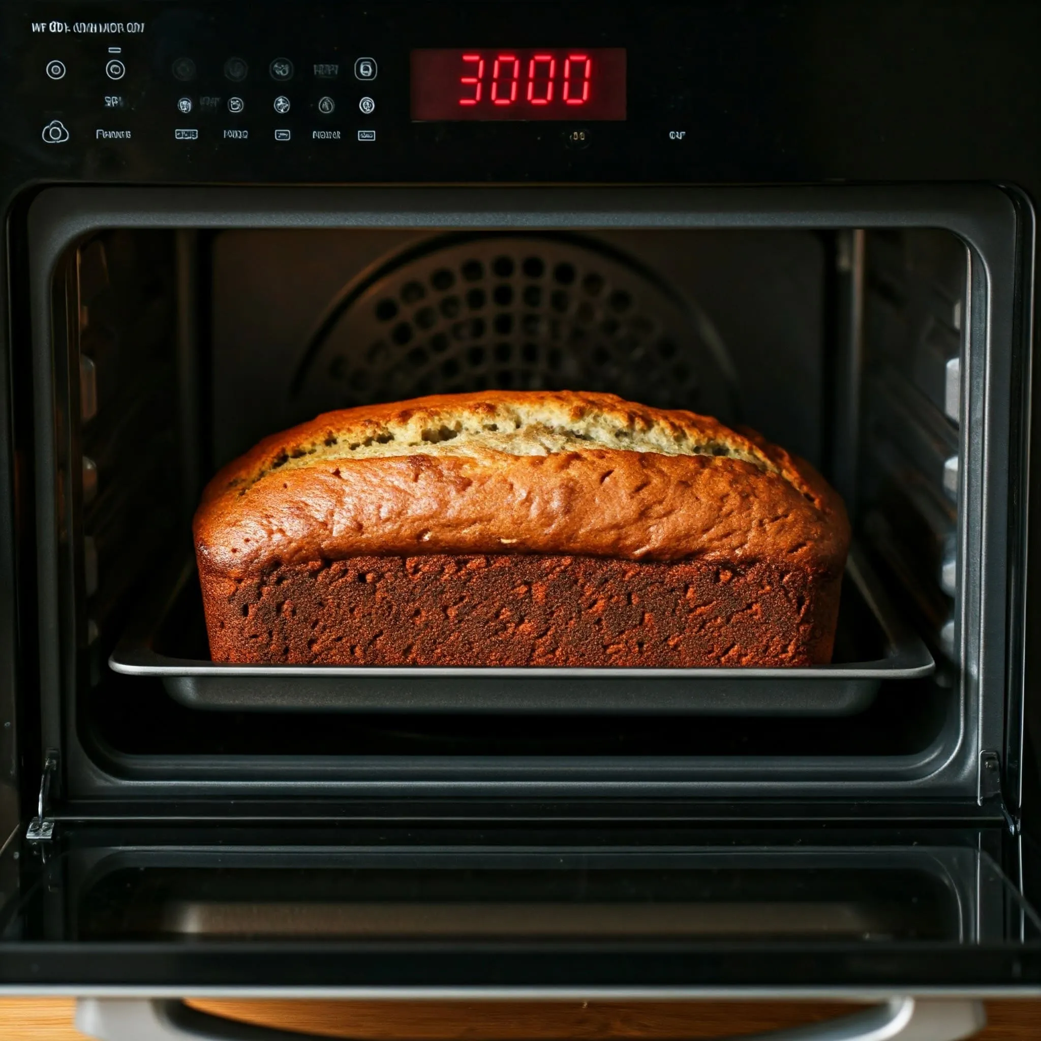 A loaf of banana bread baking in the oven.