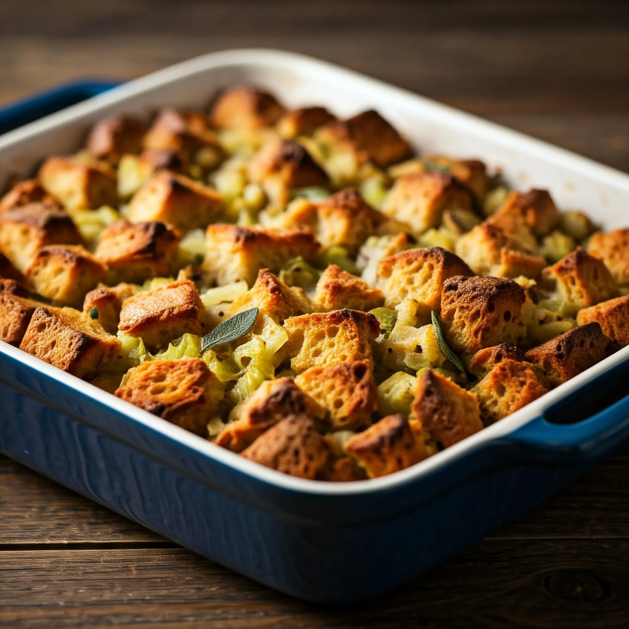 Classic bread stuffing with crispy golden edges, made with cubed bread, onions, celery, and herbs, ready to be served for Thanksgiving.