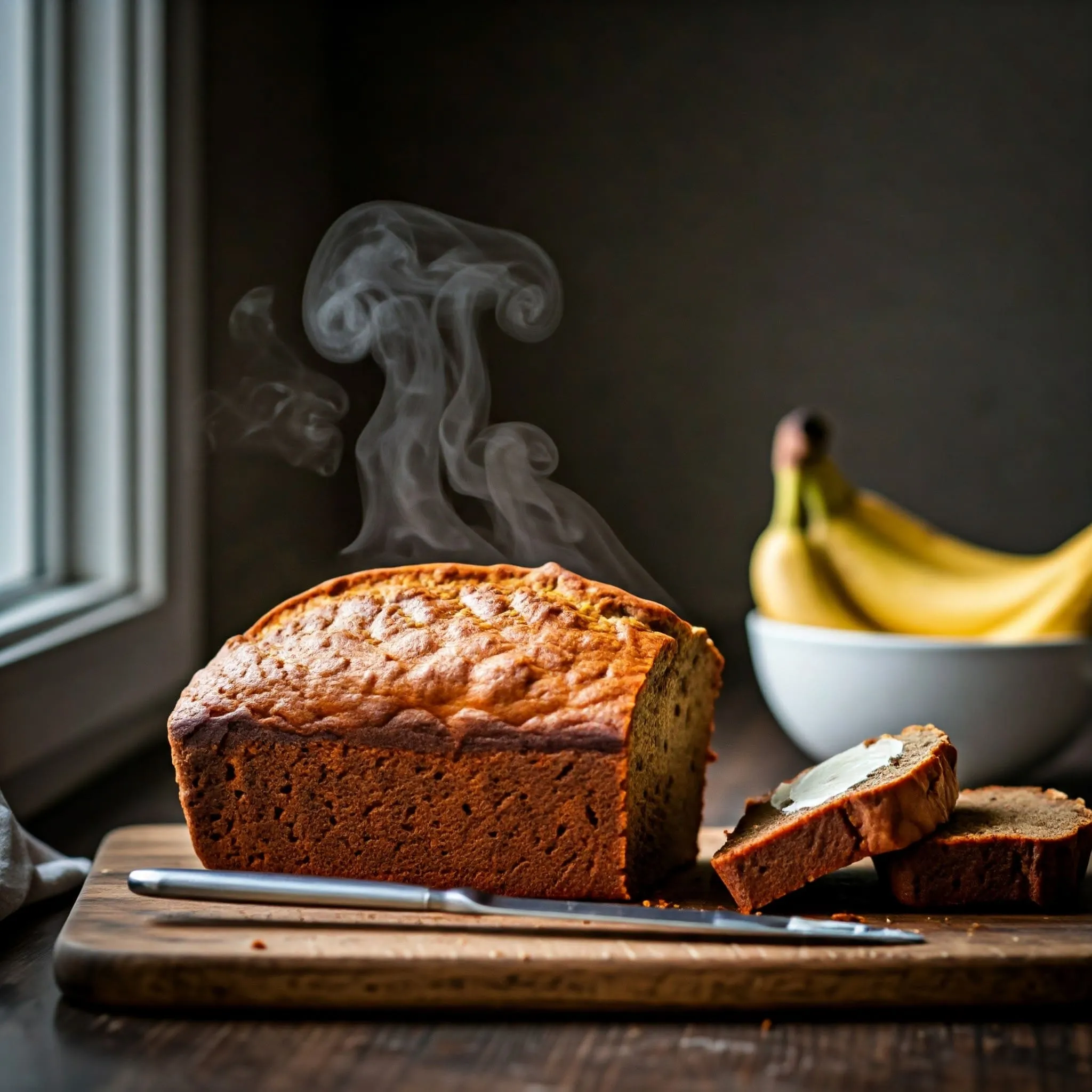 A warm, golden-brown banana bread loaf cooling on a rustic wooden cutting board. Slices are arranged nearby, some spread with butter.