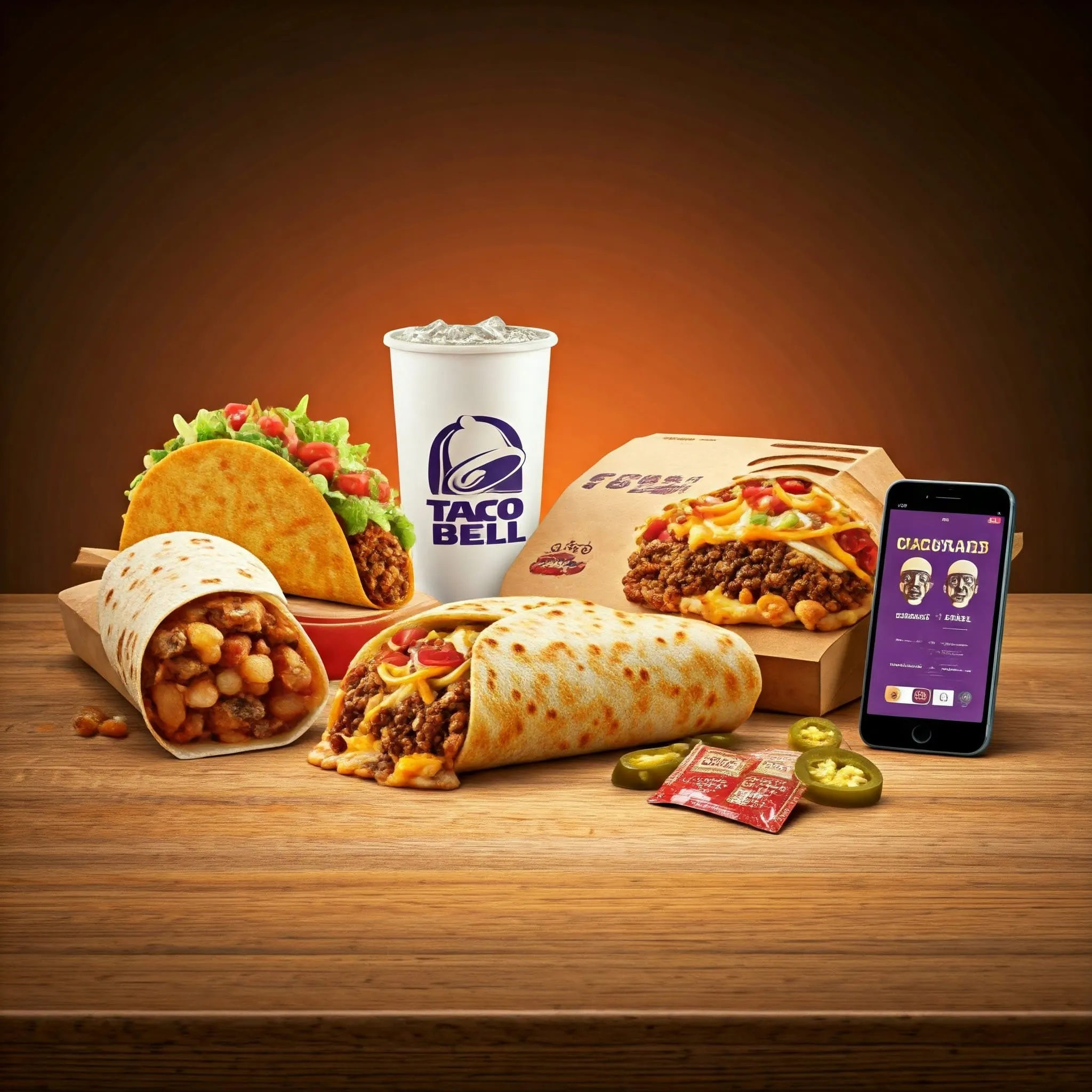 A vibrant spread of Taco Bell menu items, including tacos, burritos, combo boxes, and sides, with a phone displaying the Taco Bell app for exclusive deals.