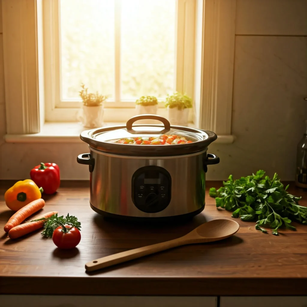 Cozy kitchen with a slow cooker filled with hearty vegetarian stew and fresh vegetables on the counter.