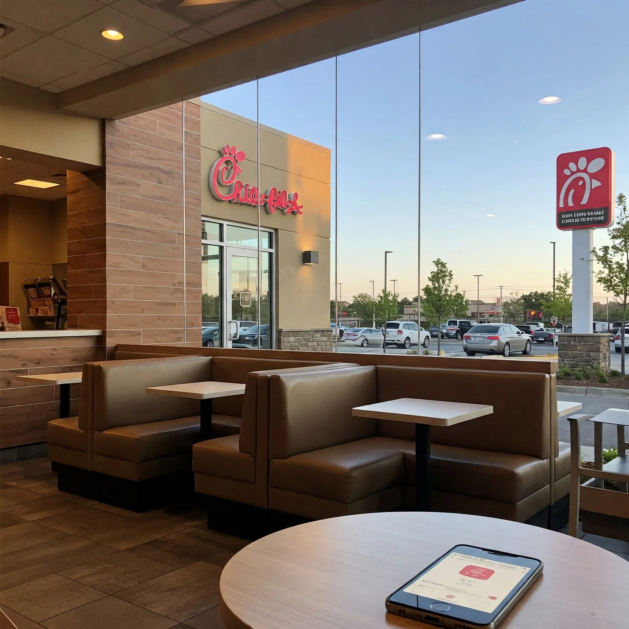 Modern Chick-fil-A restaurant with a welcoming atmosphere, clean interior, and visible drive-thru lane, showcasing the convenience of finding nearby locations via mobile app.