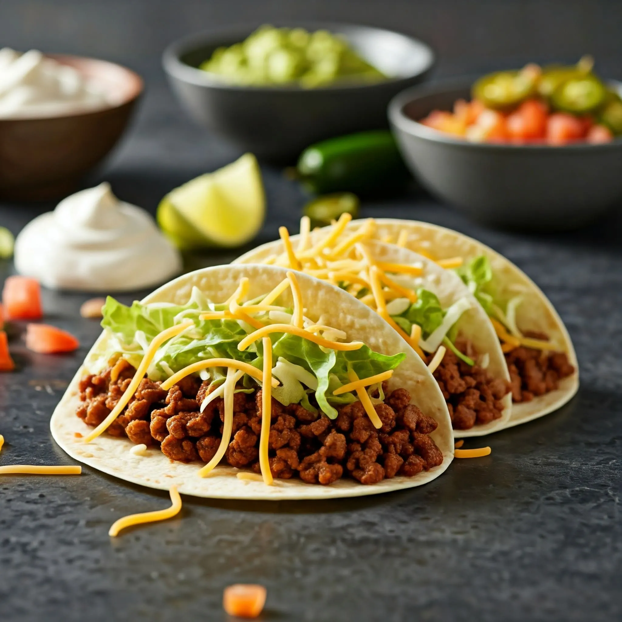 Tacos with seasoned filling topped with shredded lettuce, cheese, diced tomatoes, sour cream, guacamole, and jalapeños, ready to be served.