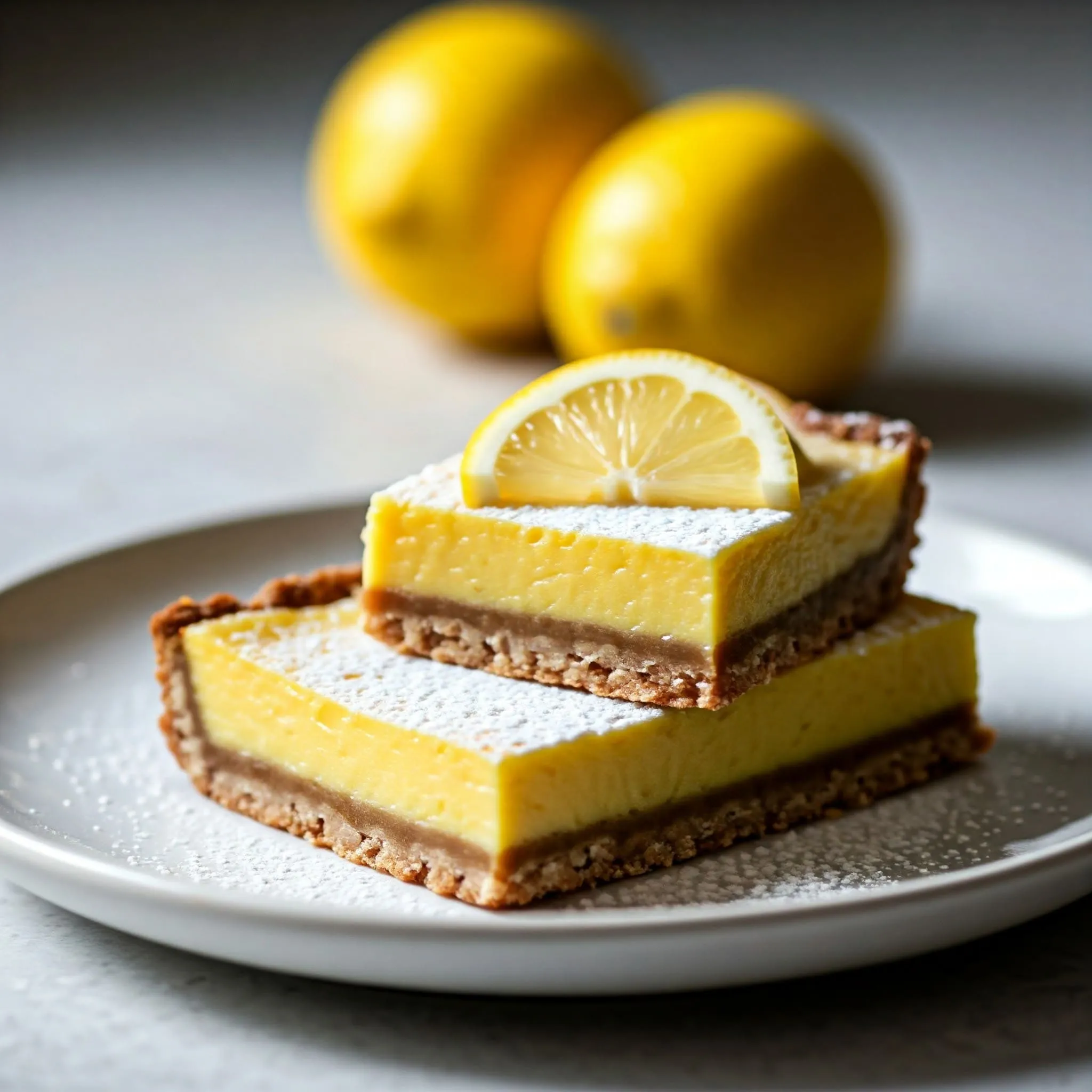 Vegan Lemon Bars with Tofu Filling and Almond Flour Crust Vegan lemon bars with almond flour crust, creamy tofu lemon filling, and garnished with powdered sugar and lemon slices.