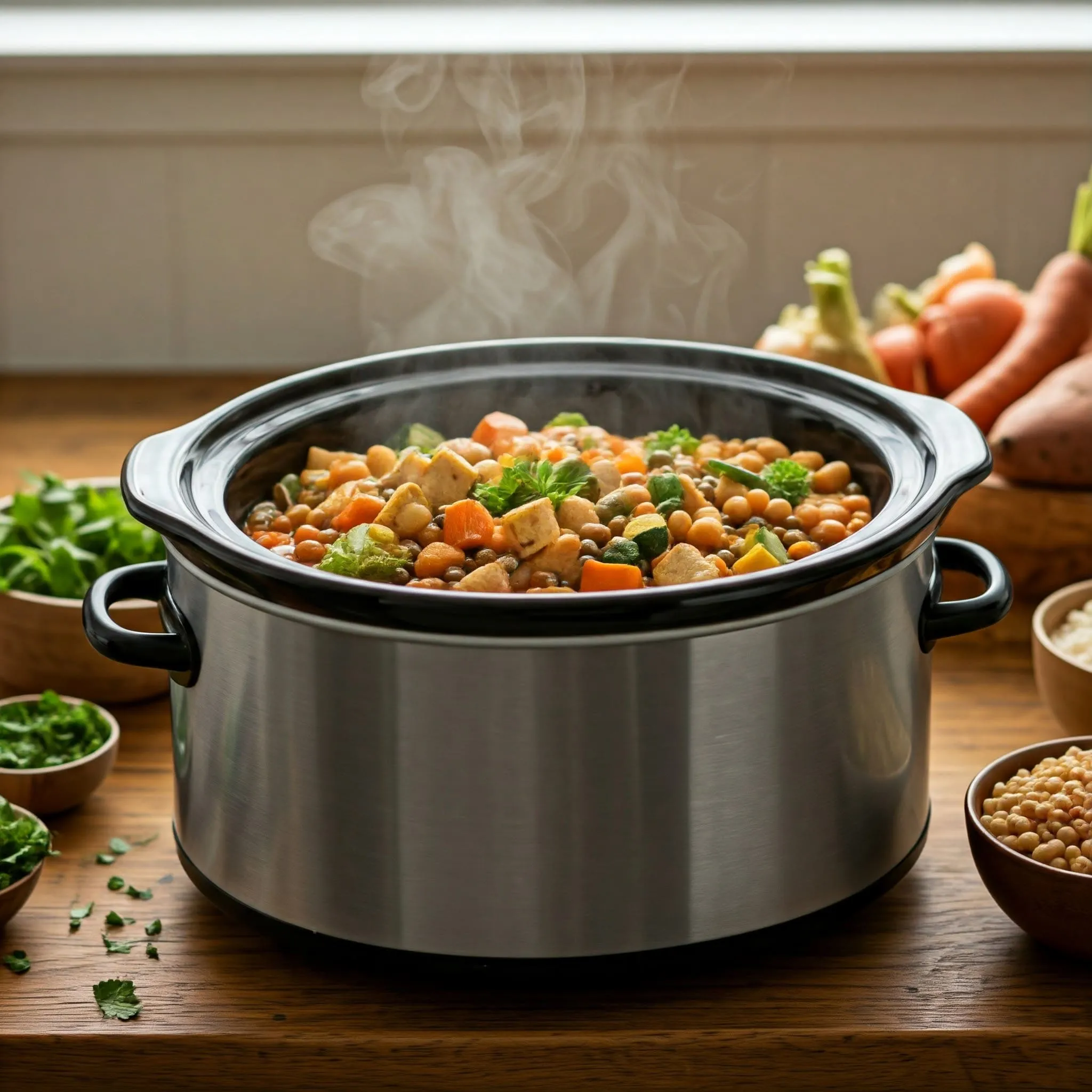 A slow cooker filled with a colorful mix of vegetables, legumes, and tofu, steaming gently in a cozy kitchen setting.