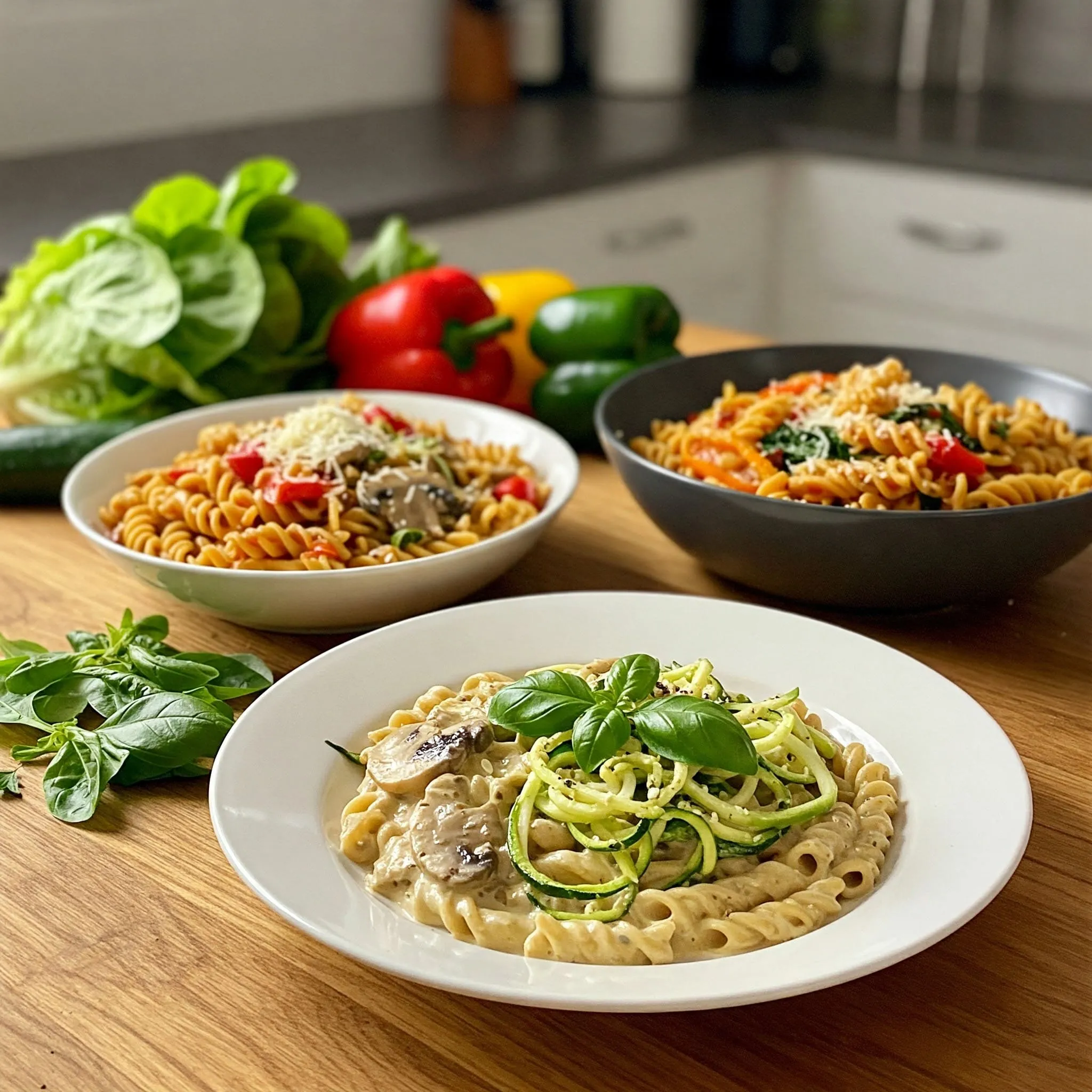 A variety of meatless pasta dishes, including vegan Alfredo with zucchini noodles, mushroom and spinach fusilli, and bell pepper and tomato pasta, displayed on a rustic kitchen table.