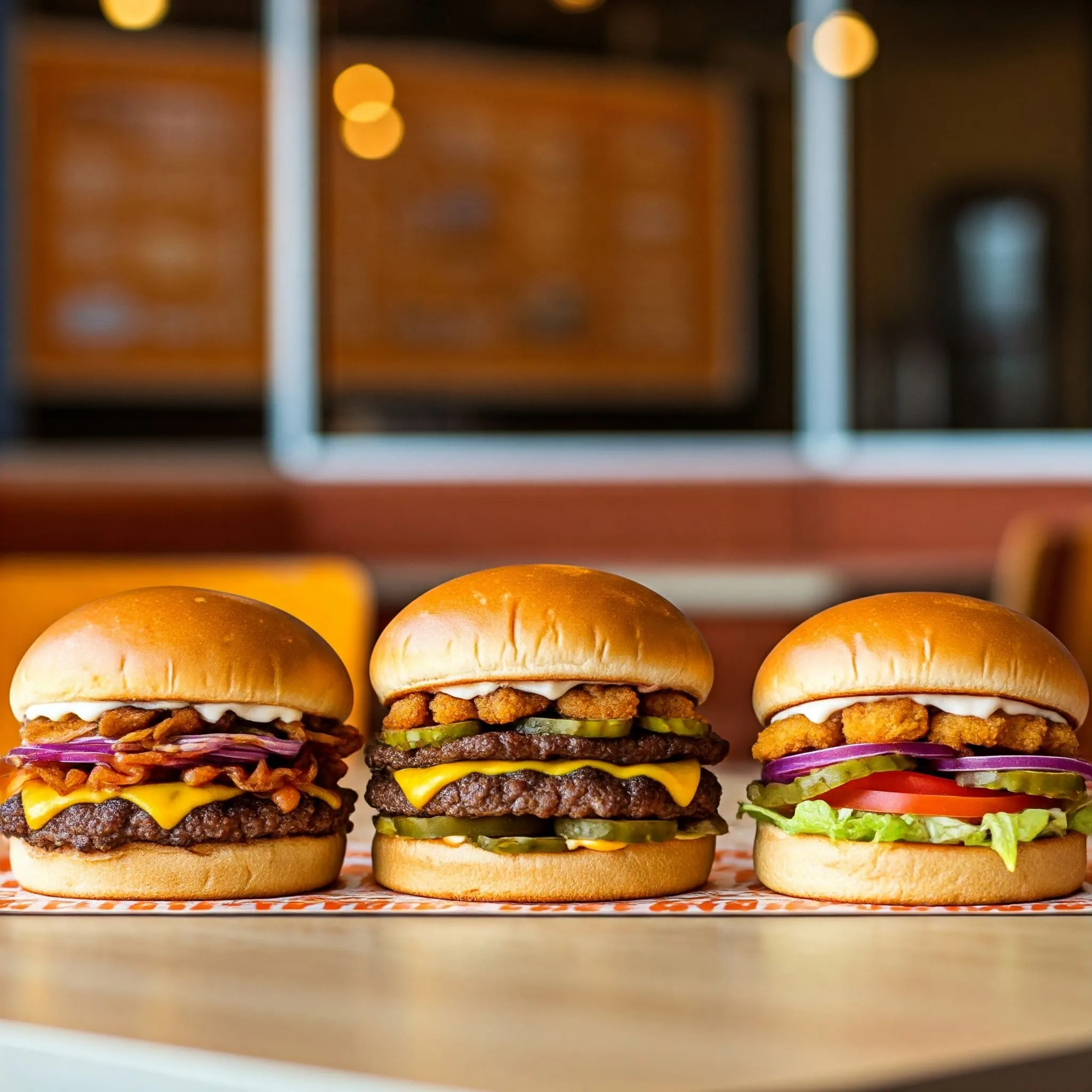 Burger frais et personnalisé sur une table dans un restaurant Whata Burger, avec des ingrédients de qualité et une atmosphère chaleureuse.