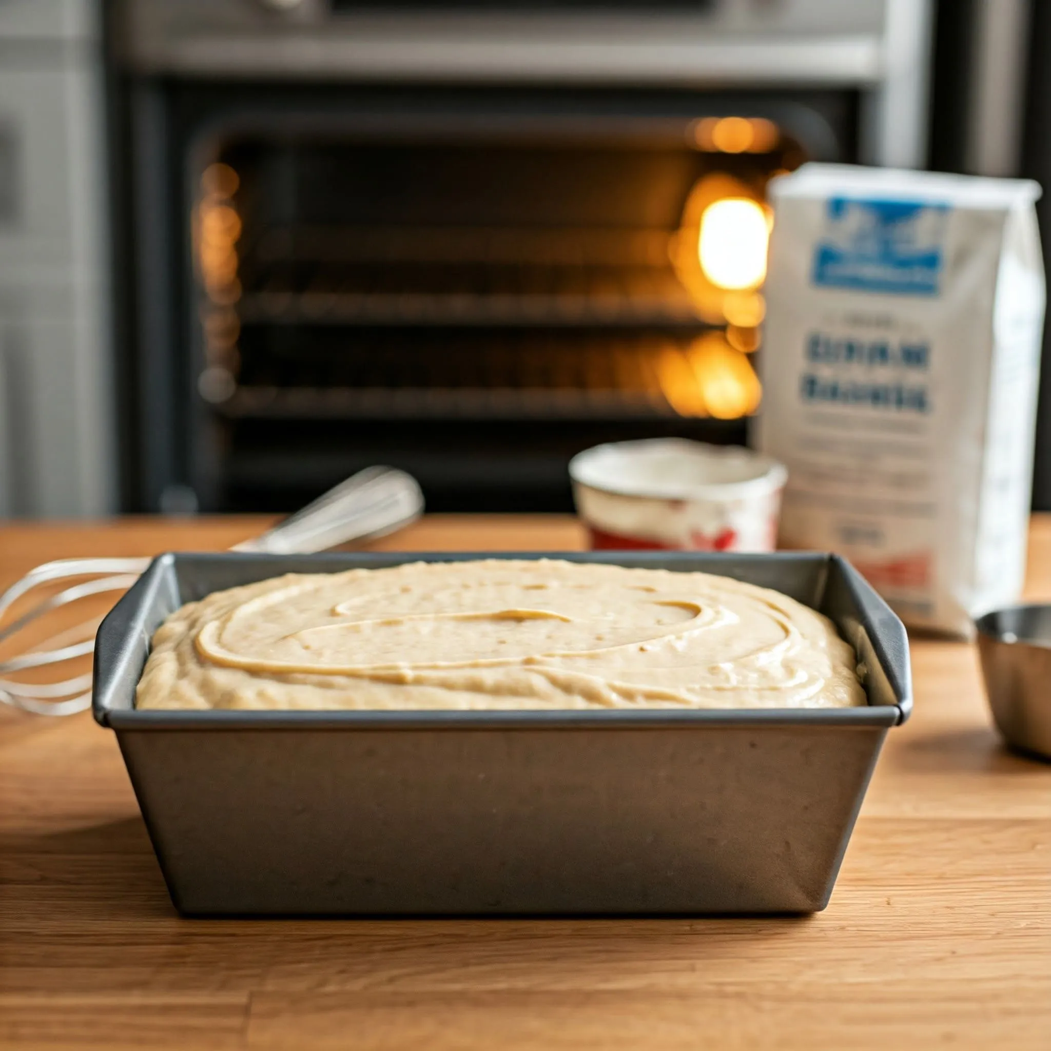 Loaf pan filled with banana bread batter on a wooden countertop, ready to bake.