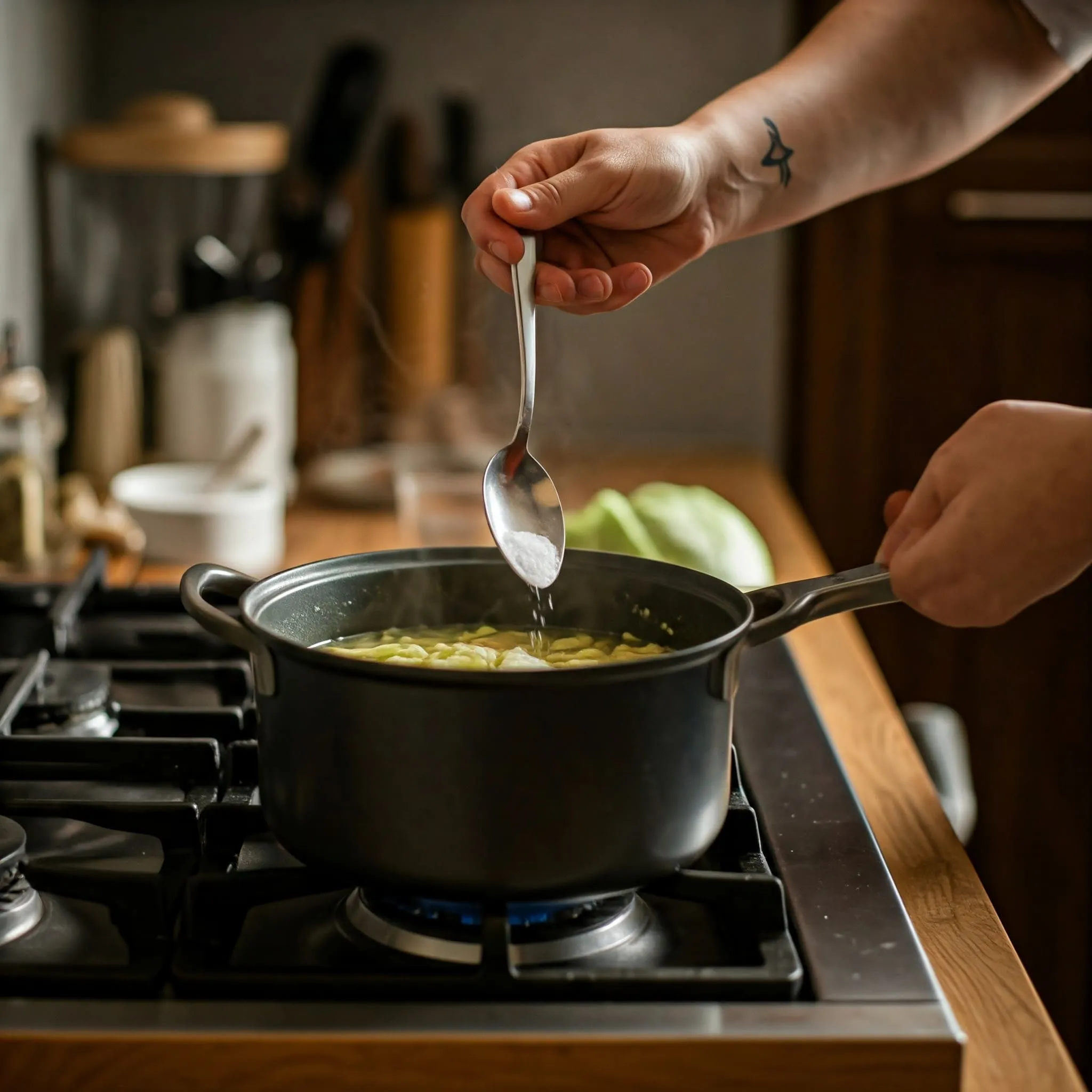 Chef adjusting the seasoning of cabbage soup in a pot, adding salt, pepper, and herbs for flavor balance.