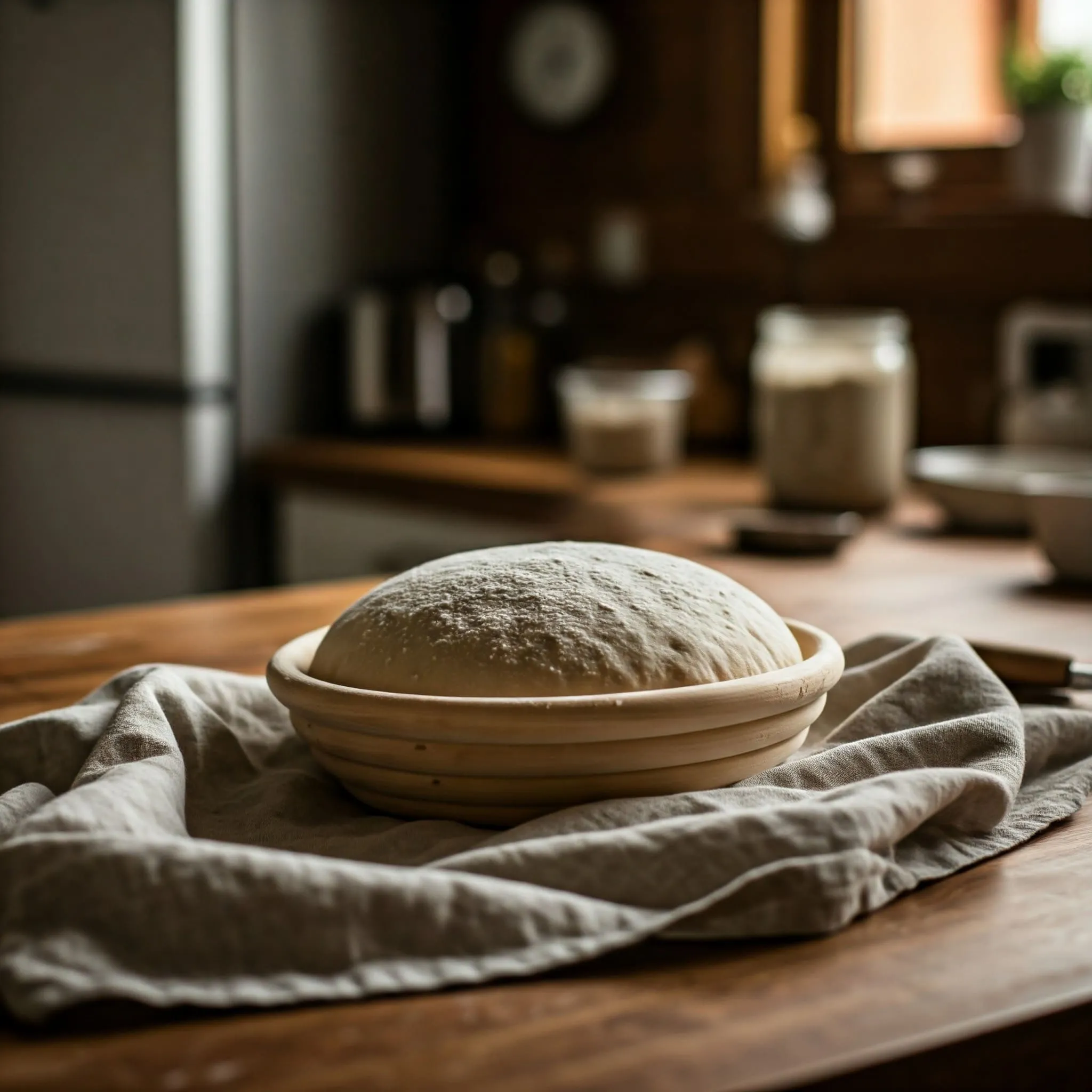 Sourdough dough proofing in a banneton on a wooden countertop, dusted with flour, with a linen cloth partially covering it.