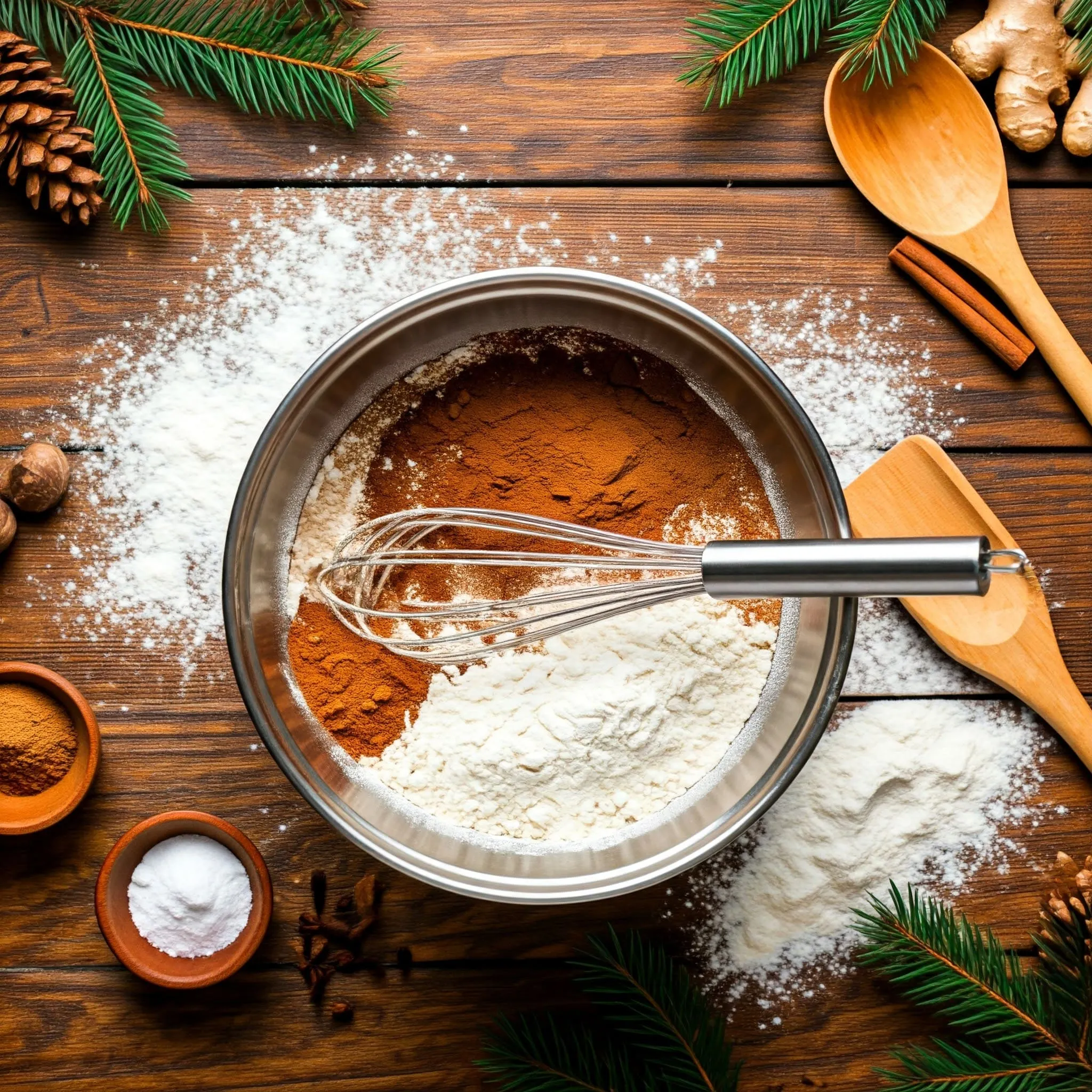 A mixing bowl with flour, cinnamon, ginger, nutmeg, and other dry ingredients being whisked together for gingerbread cookies.