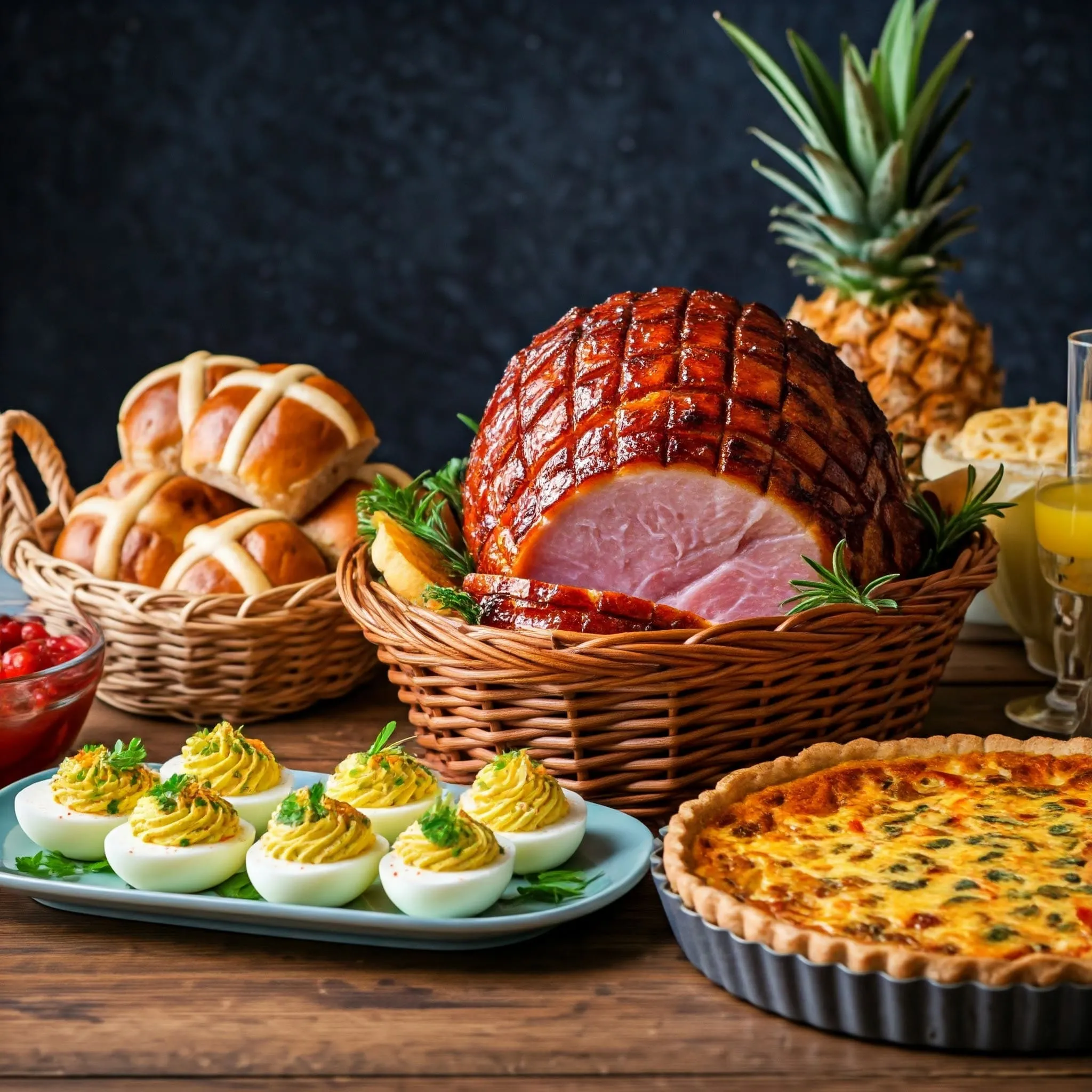 Easter brunch spread with deviled eggs, hot cross buns, glazed ham, and spinach quiche on a festive table with pastel decor and spring flowers.