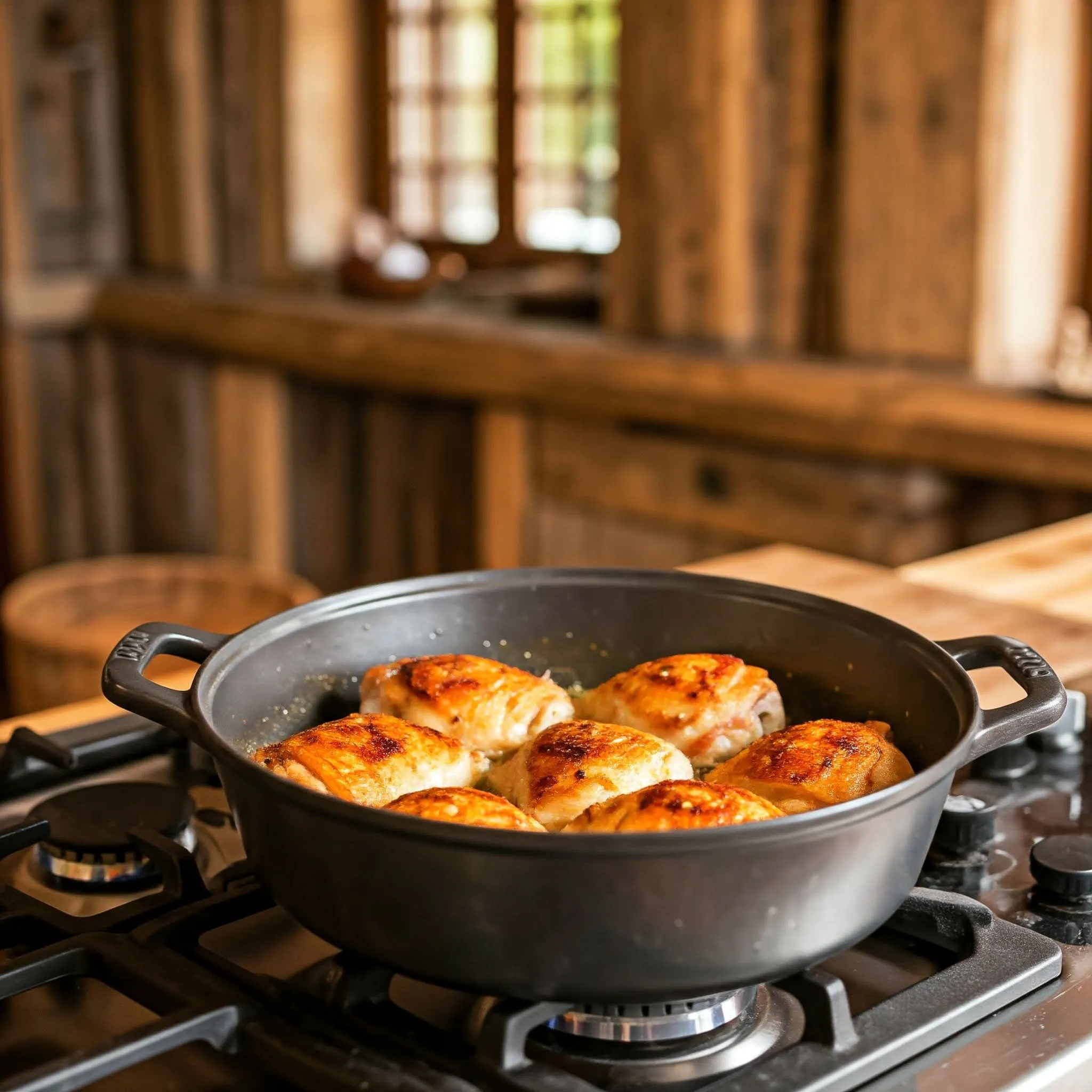 Chicken thighs browning in olive oil with spices like cumin, cinnamon, ginger, paprika, and turmeric in a rustic kitchen.