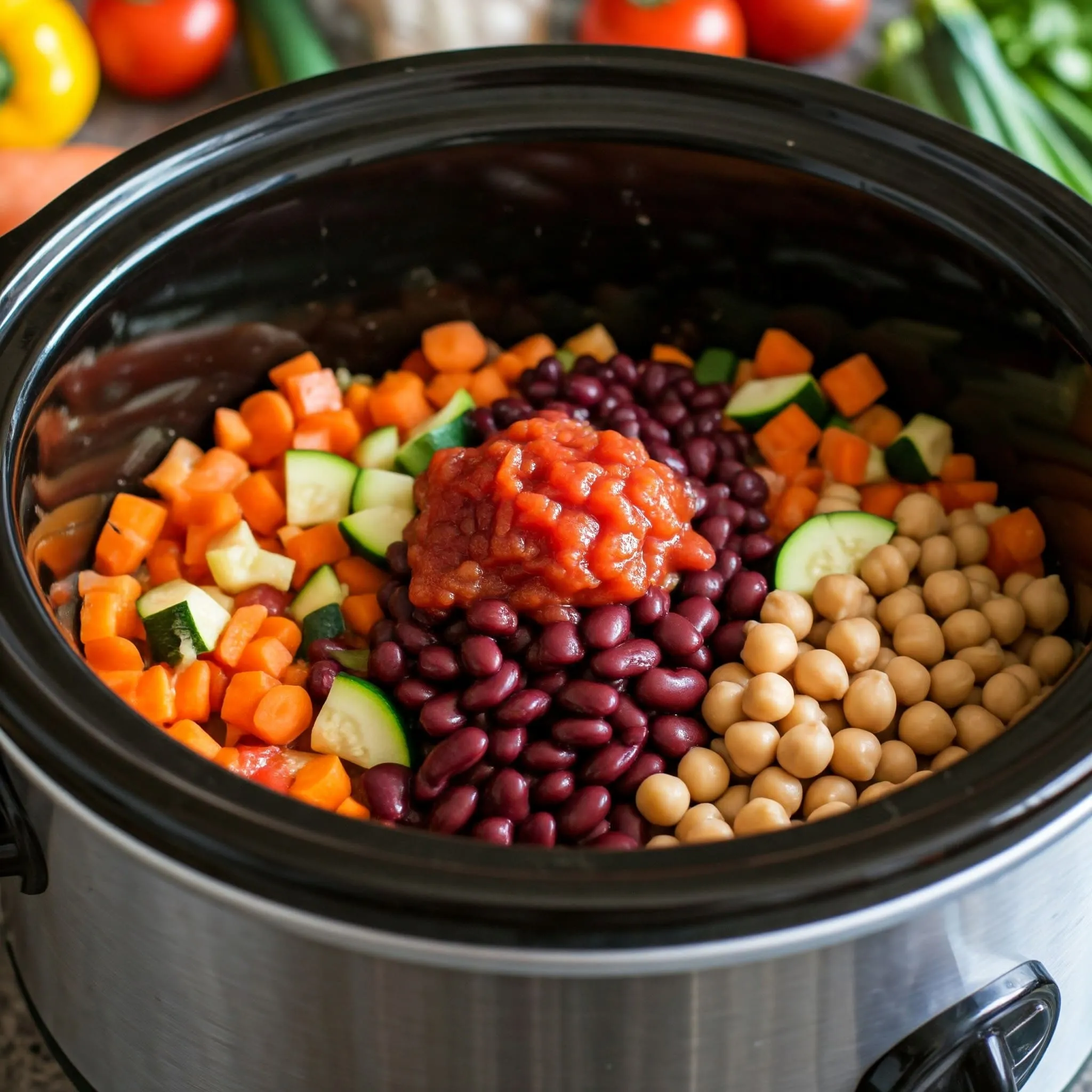 Fresh vegetables, beans, garlic, and vegetable broth being layered into a slow cooker for a hearty meal.