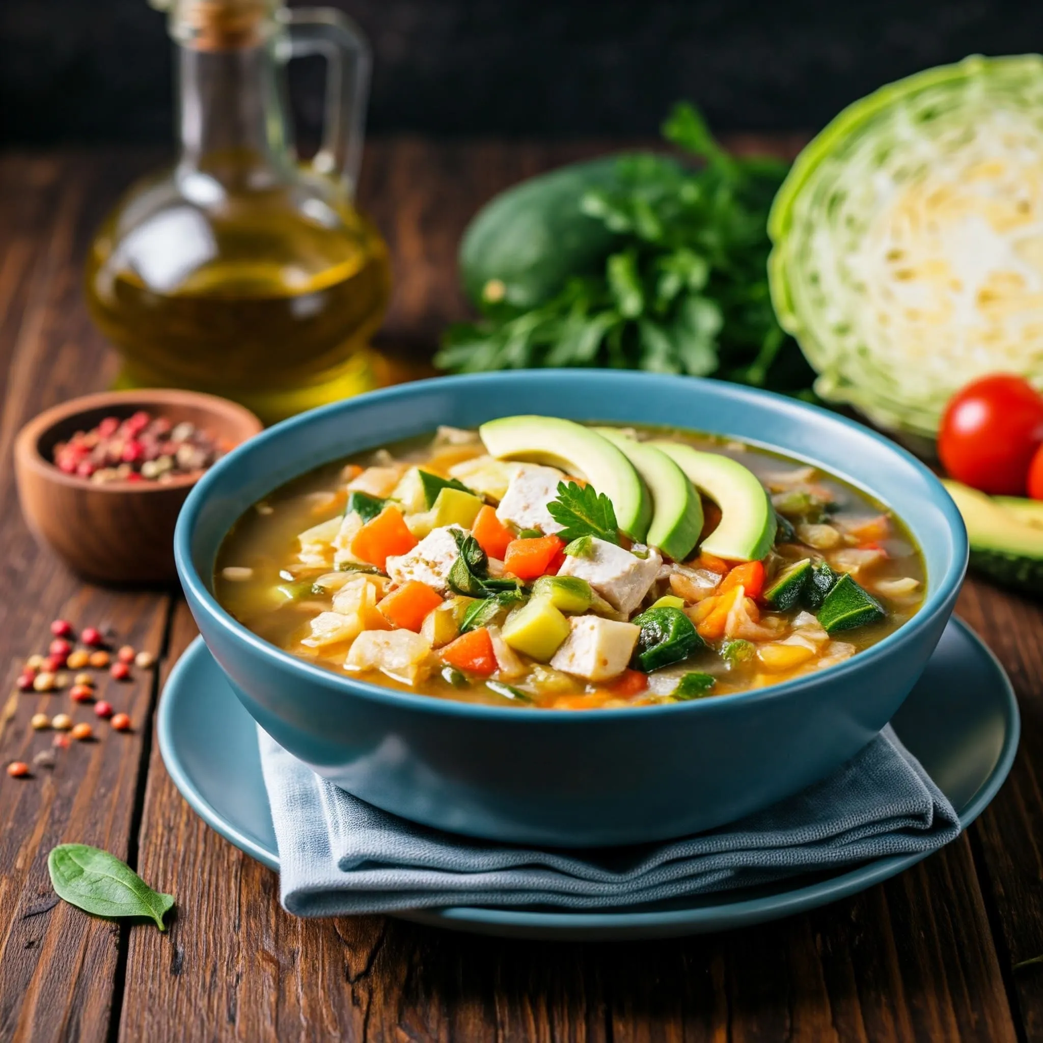 Versatile Cabbage Soup with Lean Protein and Healthy Additions A hearty bowl of cabbage soup with vibrant vegetables, lean protein, and healthy additions like avocado and olive oil, showcasing its versatility for various dietary preferences.