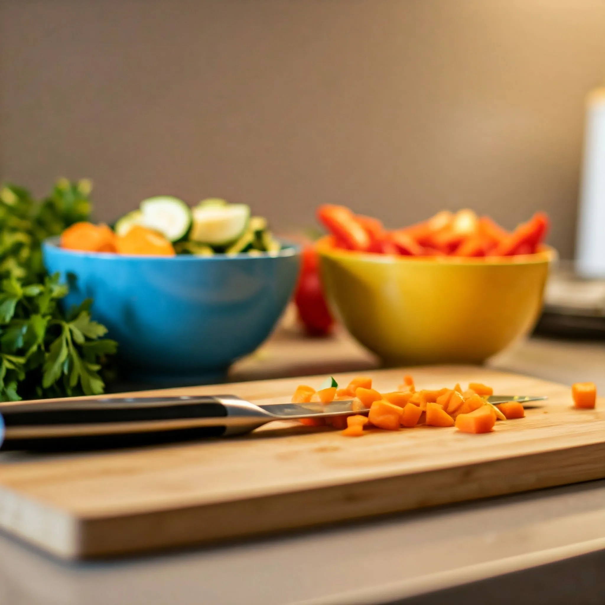 Chopped vegetables like carrots, bell peppers, and zucchini arranged in bowls for vegetarian crockpot recipe preparation.