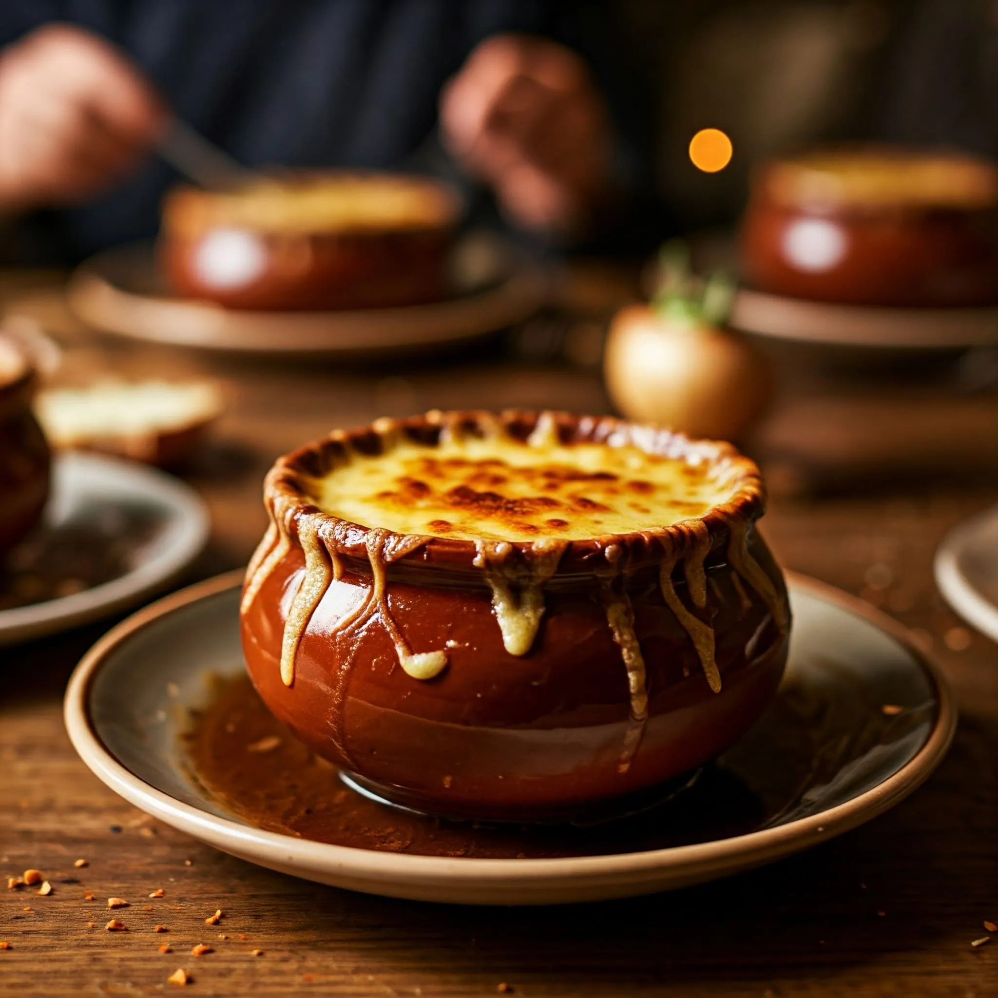 A bubbling bowl of Soupe à l'oignon gratinée with a golden-brown cheese crust, and wisps of steam rising