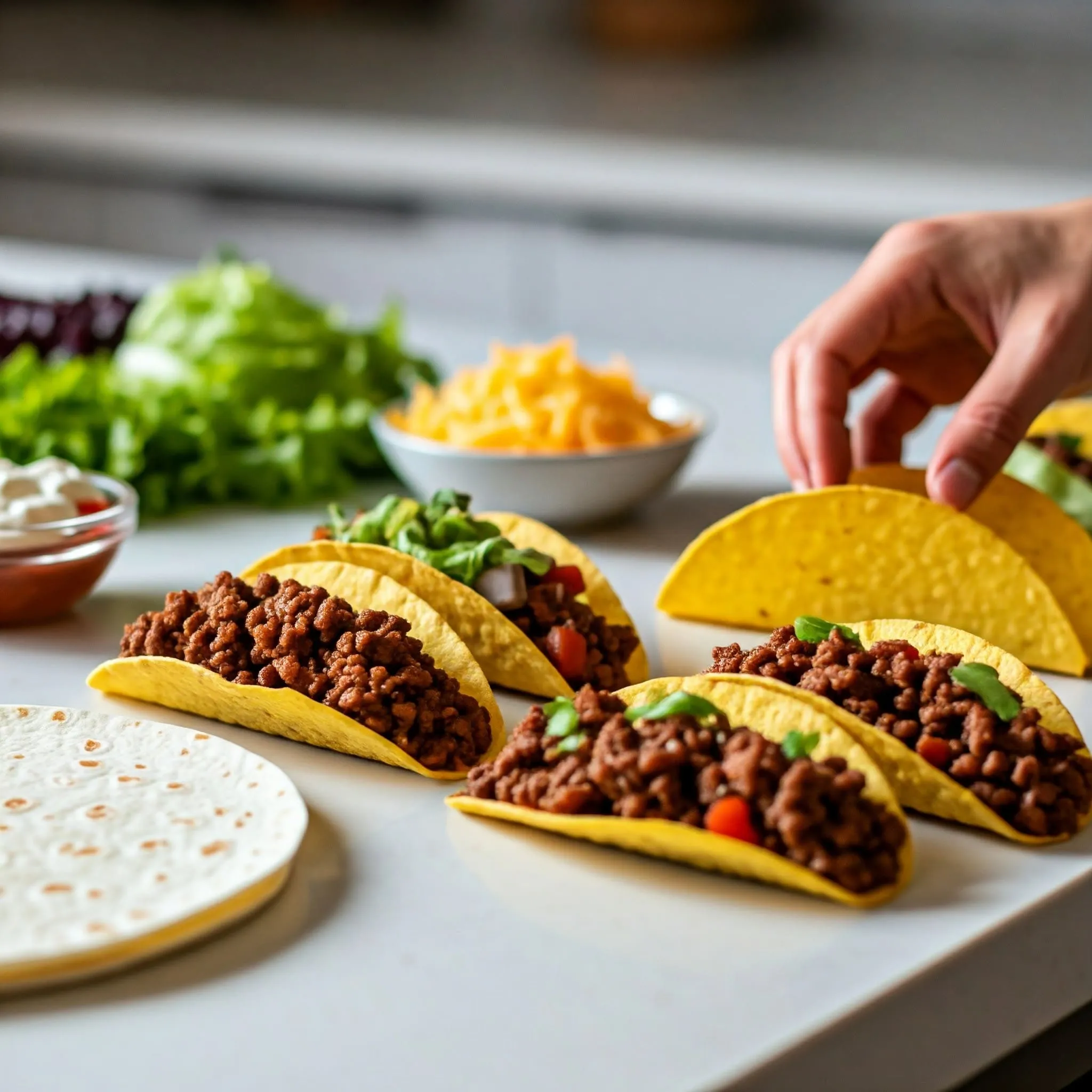 Taco shells and soft tortillas filled with seasoned ground beef and vegetarian fillings, surrounded by fresh toppings like lettuce, tomatoes, cheese, and sour cream.