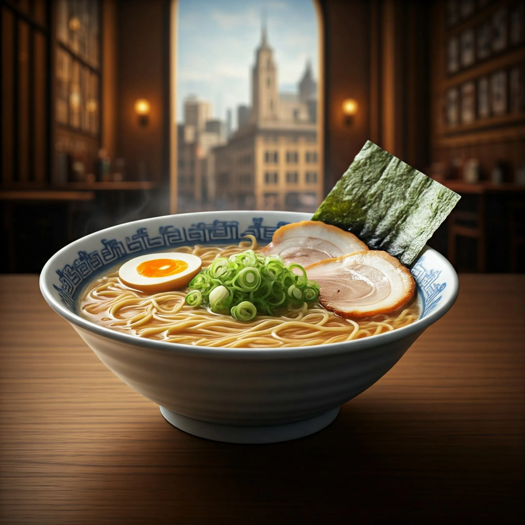 A steaming bowl of ramen with tonkotsu broth, tender pork slices, soft-boiled egg, green onions, and sesame seeds in a cozy ramen shop setting.