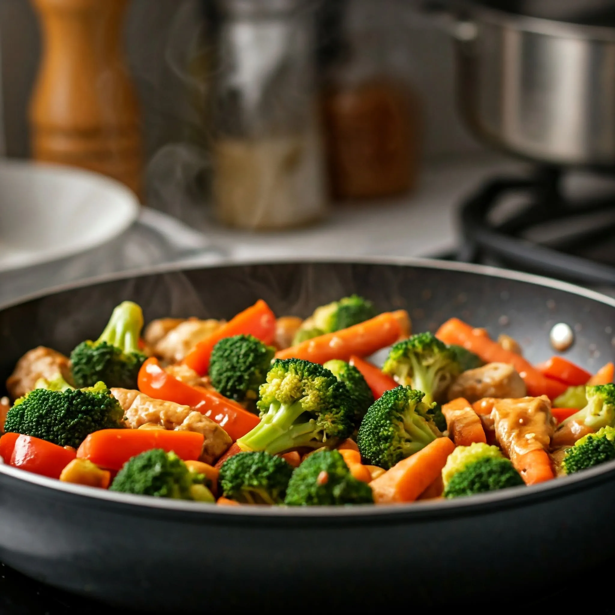 A colorful one-pan veggie stir-fry with bell peppers, broccoli, carrots, and grilled chicken, garnished with a light soy sauce glaze.