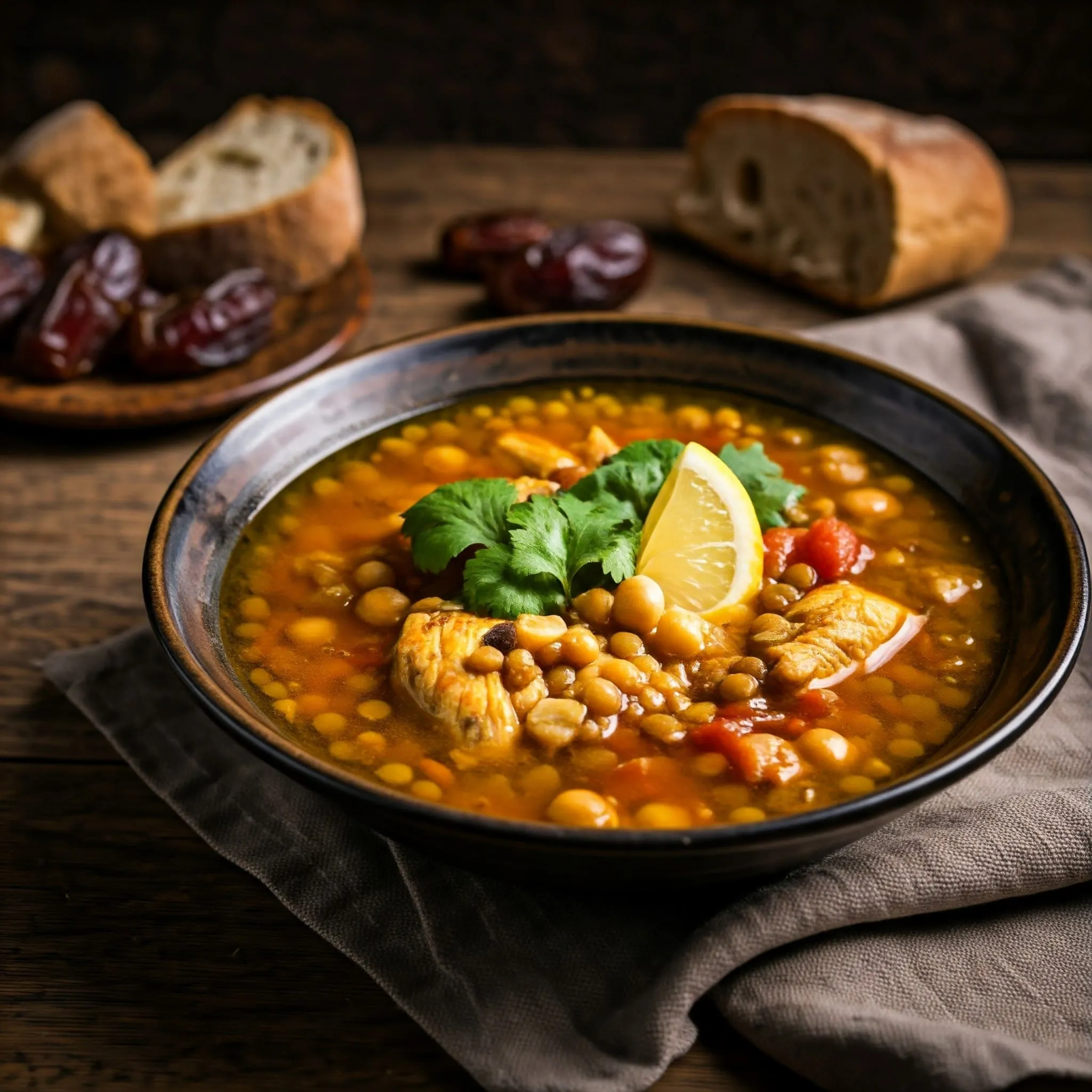 Bowl of Moroccan chicken soup (Harira) with lentils, chickpeas, tomatoes, cilantro, and a slice of bread.