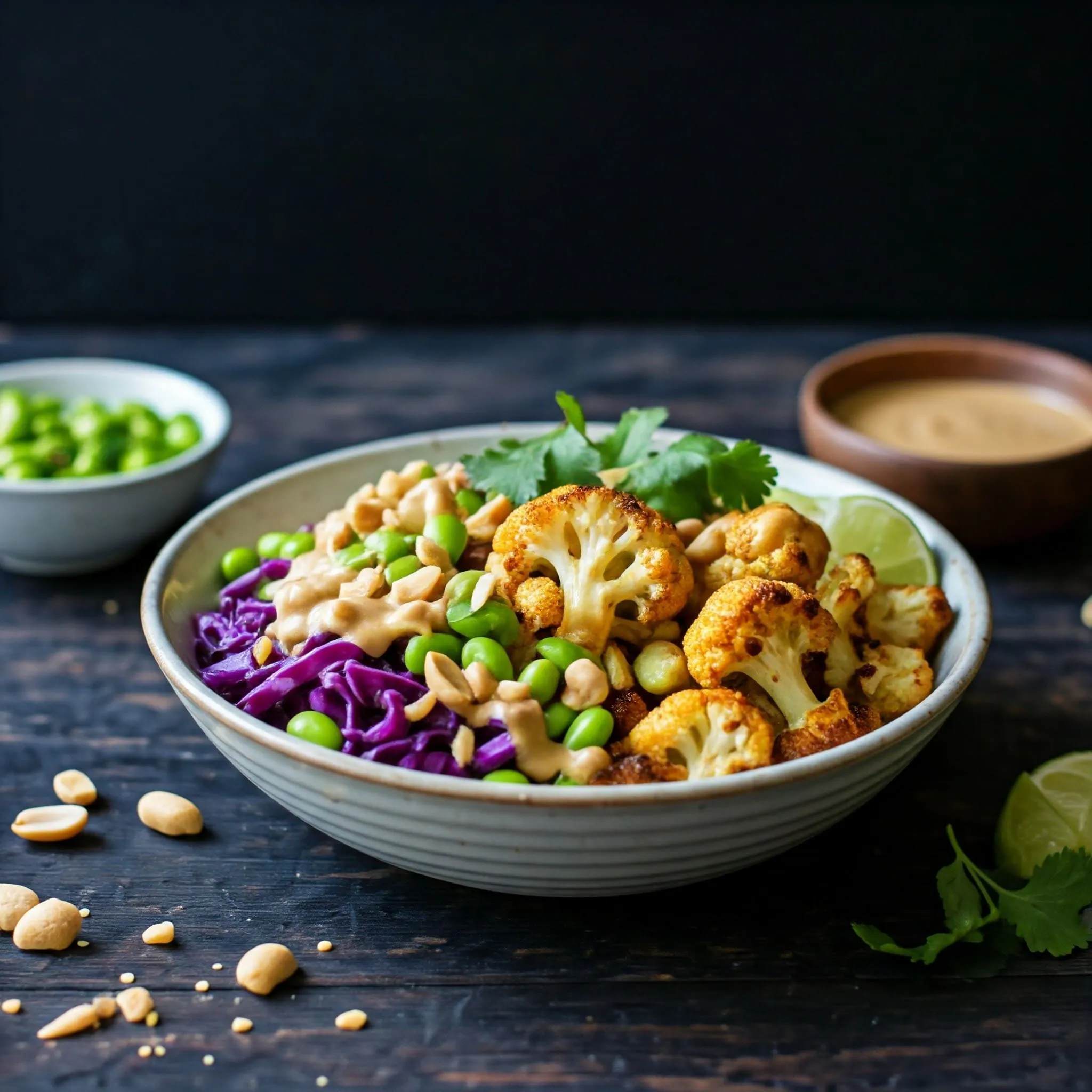 A vegan stir fry with roasted cauliflower, purple cabbage, and edamame, topped with crushed peanuts and cilantro, served in a bowl with creamy peanut sauce.