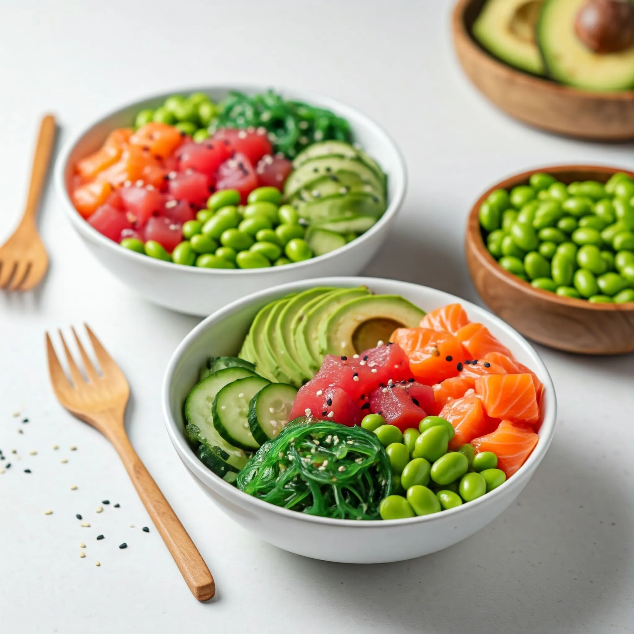 A vibrant poke bowl with diced sashimi-grade tuna, salmon, avocado, cucumber, edamame, and seaweed salad on a bed of rice.