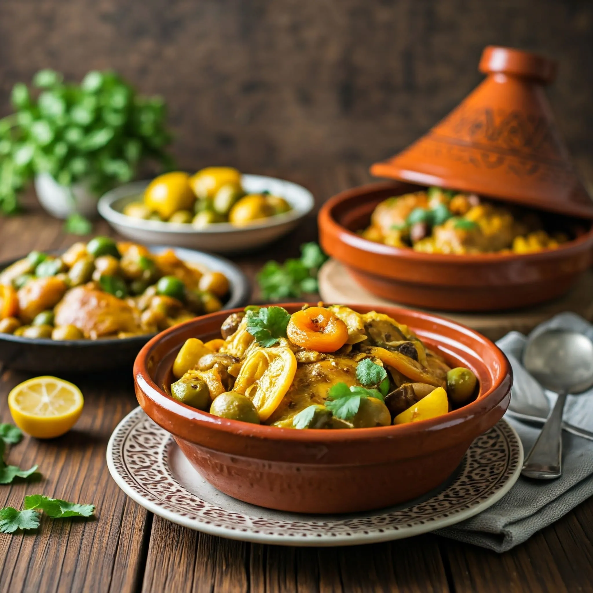 Three Moroccan chicken tagine dishes with different flavor profiles: olives and preserved lemons, apricots, and vegetables, presented in traditional tagine pots.