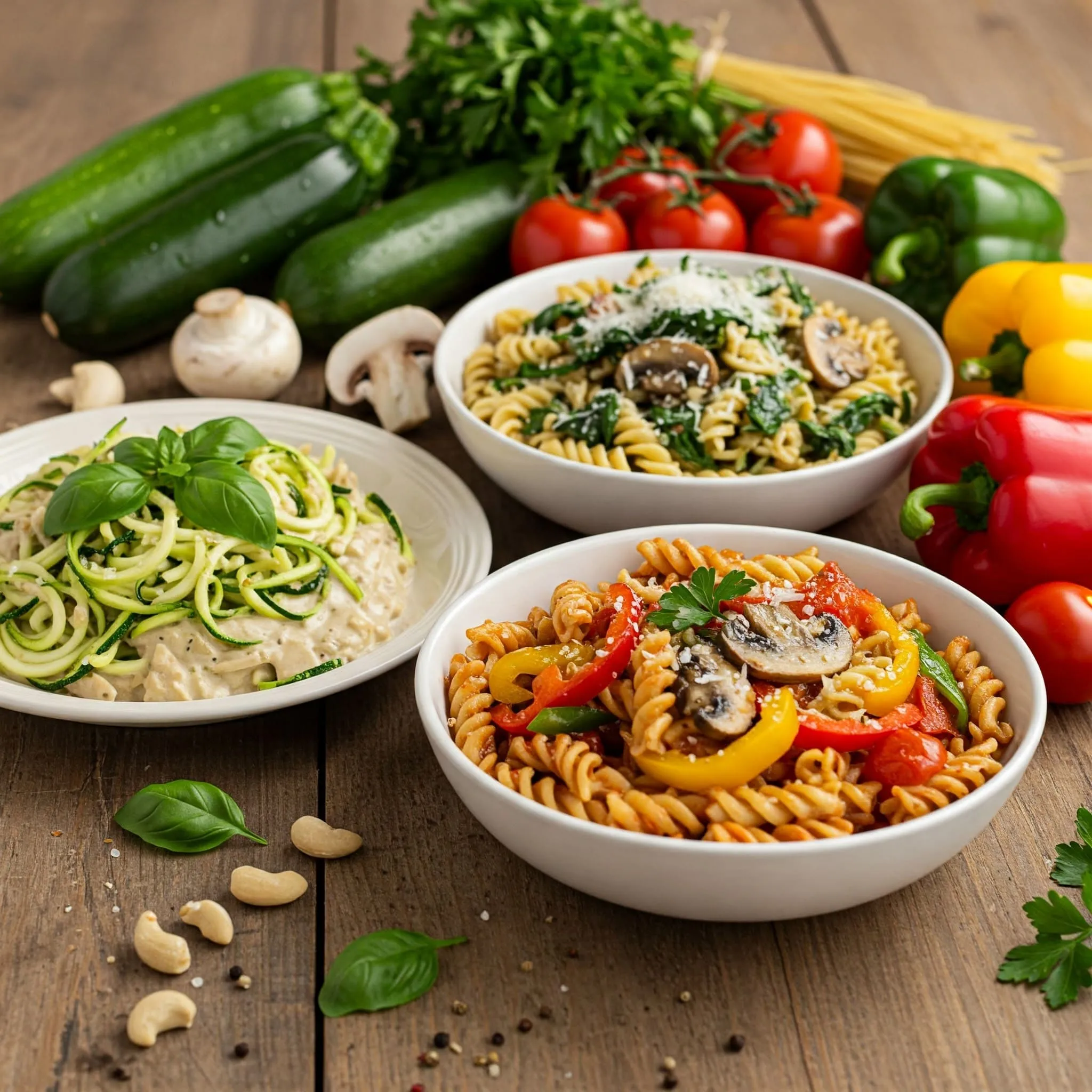 Three vibrant meatless pasta dishes: vegan Alfredo with zucchini noodles, mushroom and spinach fusilli, and bell pepper and tomato pasta, displayed on a rustic kitchen table.