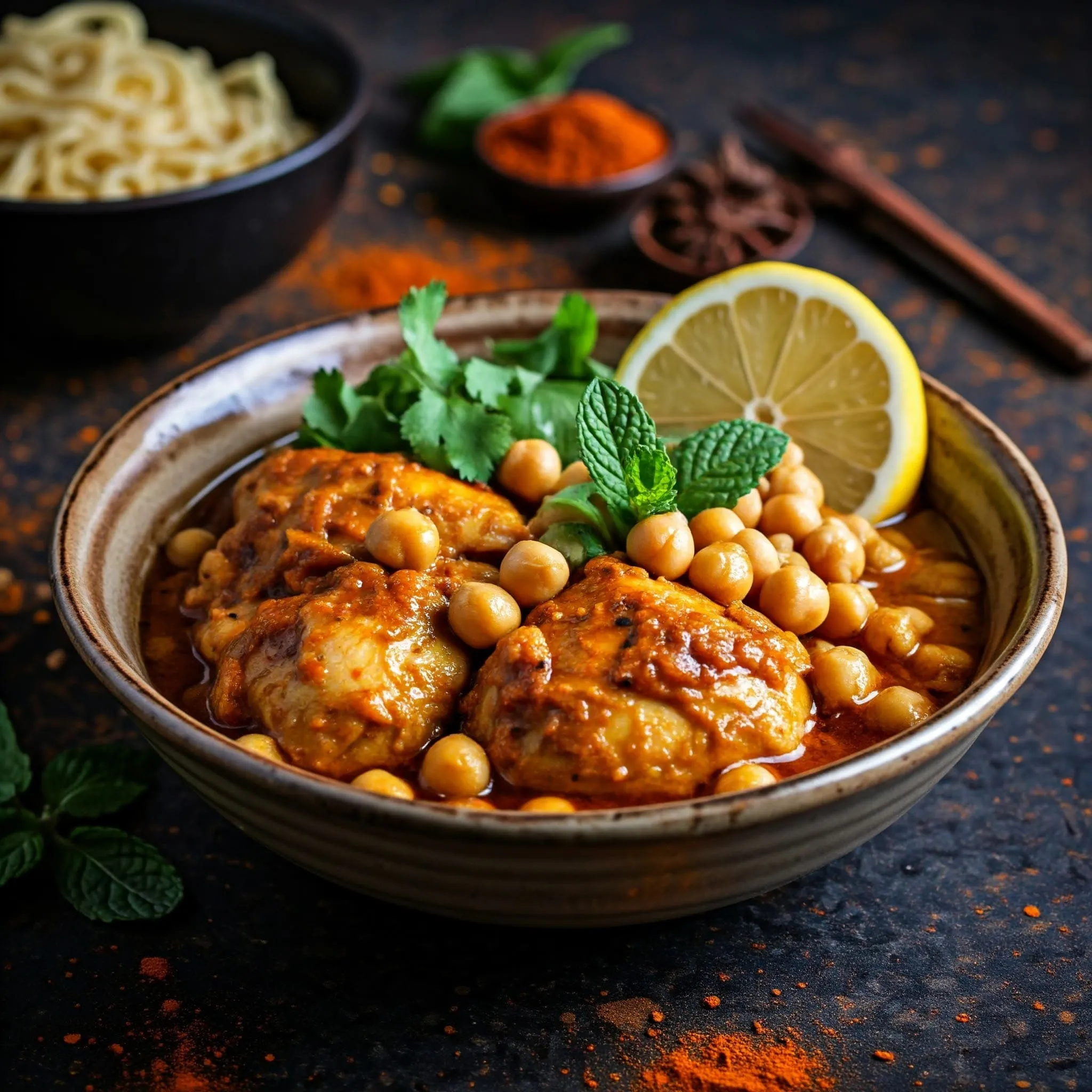 moroccan chicken dish with tender chicken, fresh herbs, chickpeas, and ramen noodles in a rustic bowl.