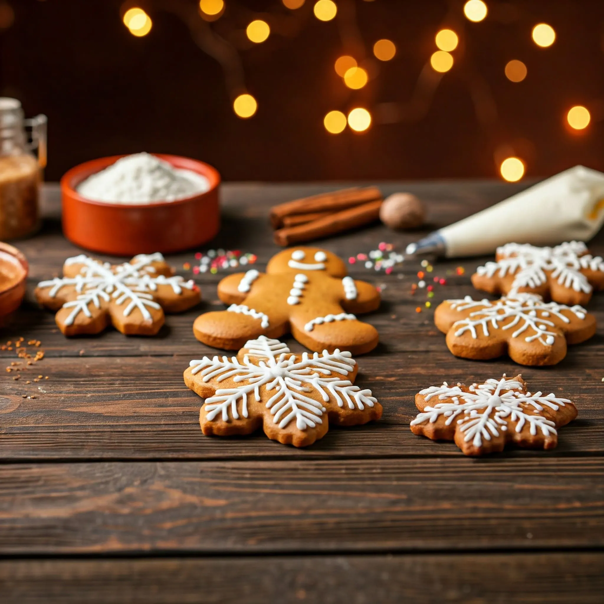 A festive assortment of gingerbread cookies, including classic, soft and chewy, and intricately decorated variations, displayed on a rustic wooden surface with baking ingredients and holiday decorations.