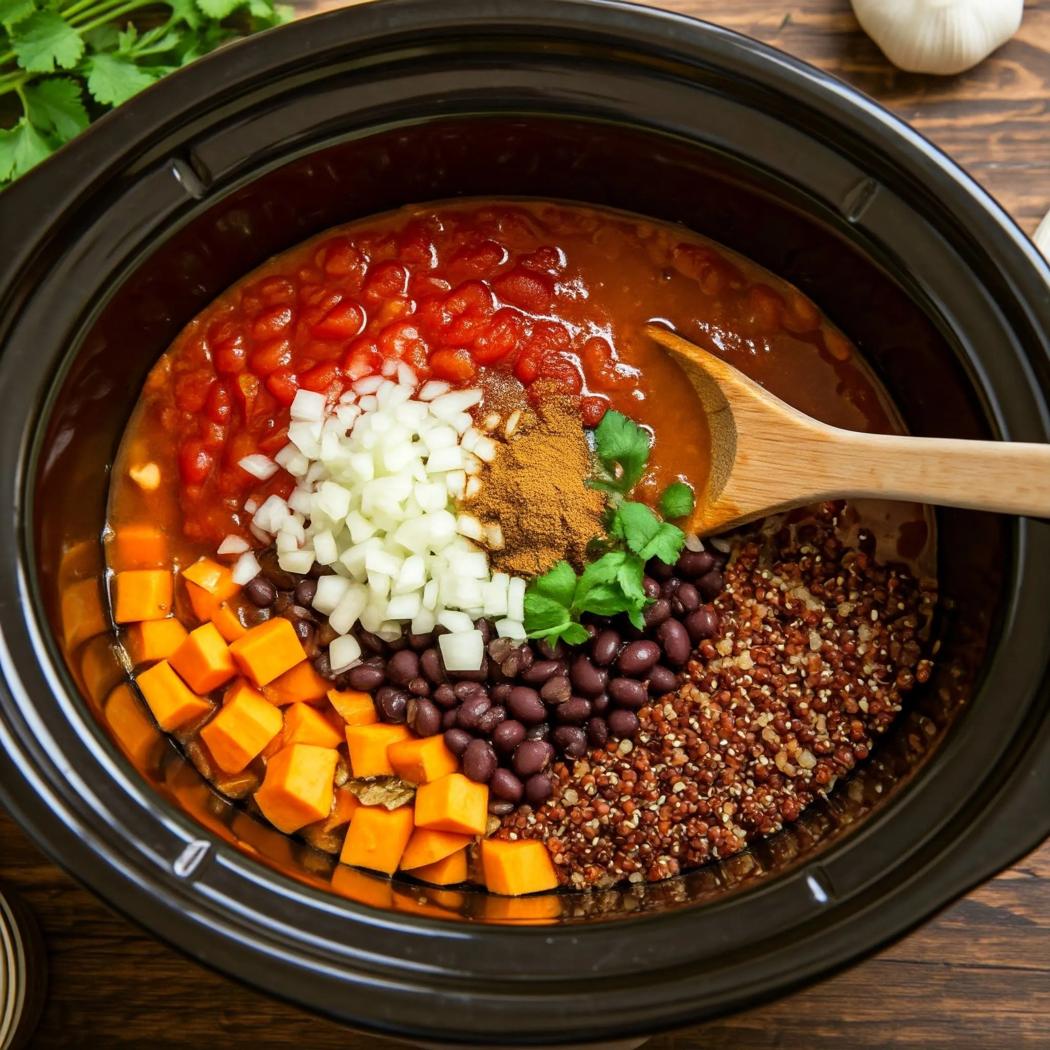 Crock pot filled with lentils, sweet potatoes, black beans, quinoa, vegetable broth, diced tomatoes, and spices, ready to be stirred.