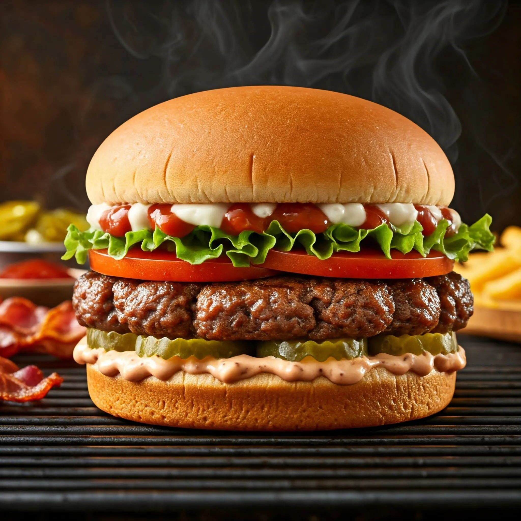 A delicious Whata Burger with a juicy beef patty, fresh lettuce, ripe tomatoes, pickles, and melted cheese, served on a soft, lightly toasted bun.