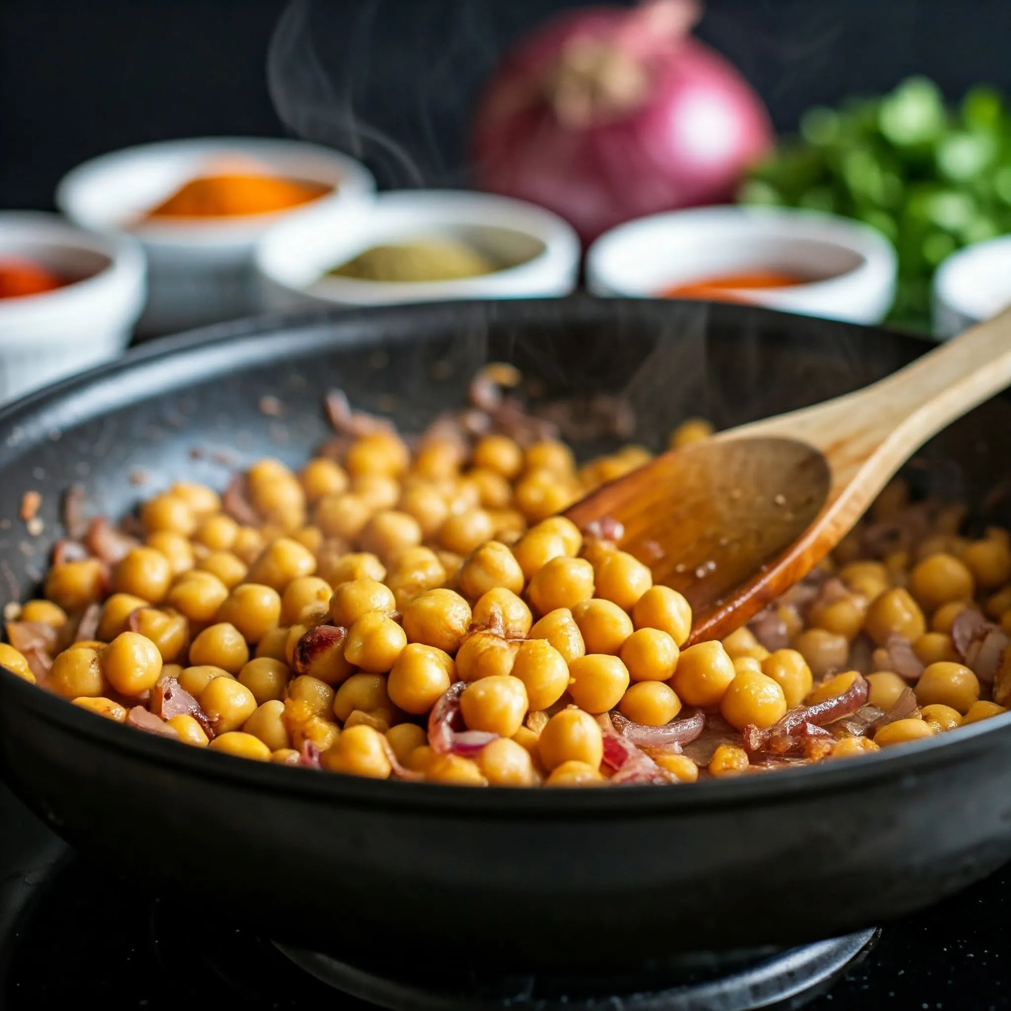 Sautéed chickpeas with spices in a pan, mixed with red onions and seasoned with garlic powder, cumin, salt, and pepper.