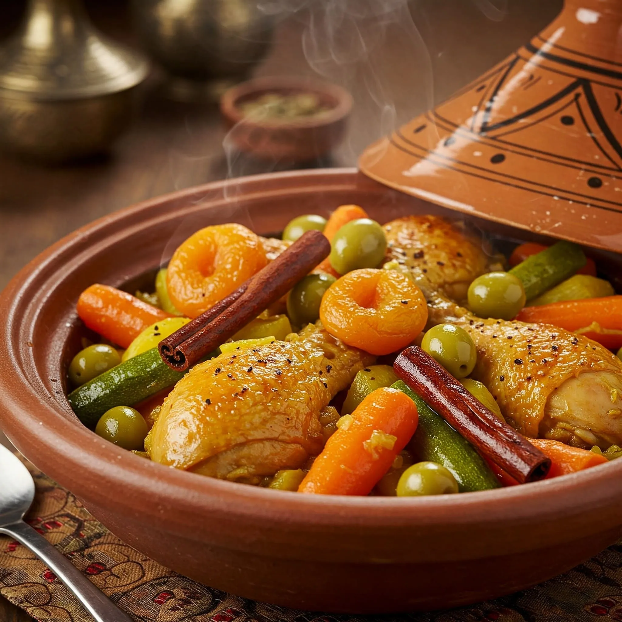 Traditional Moroccan chicken tagine with vegetables, dried fruits, and olives, served in a tagine pot.