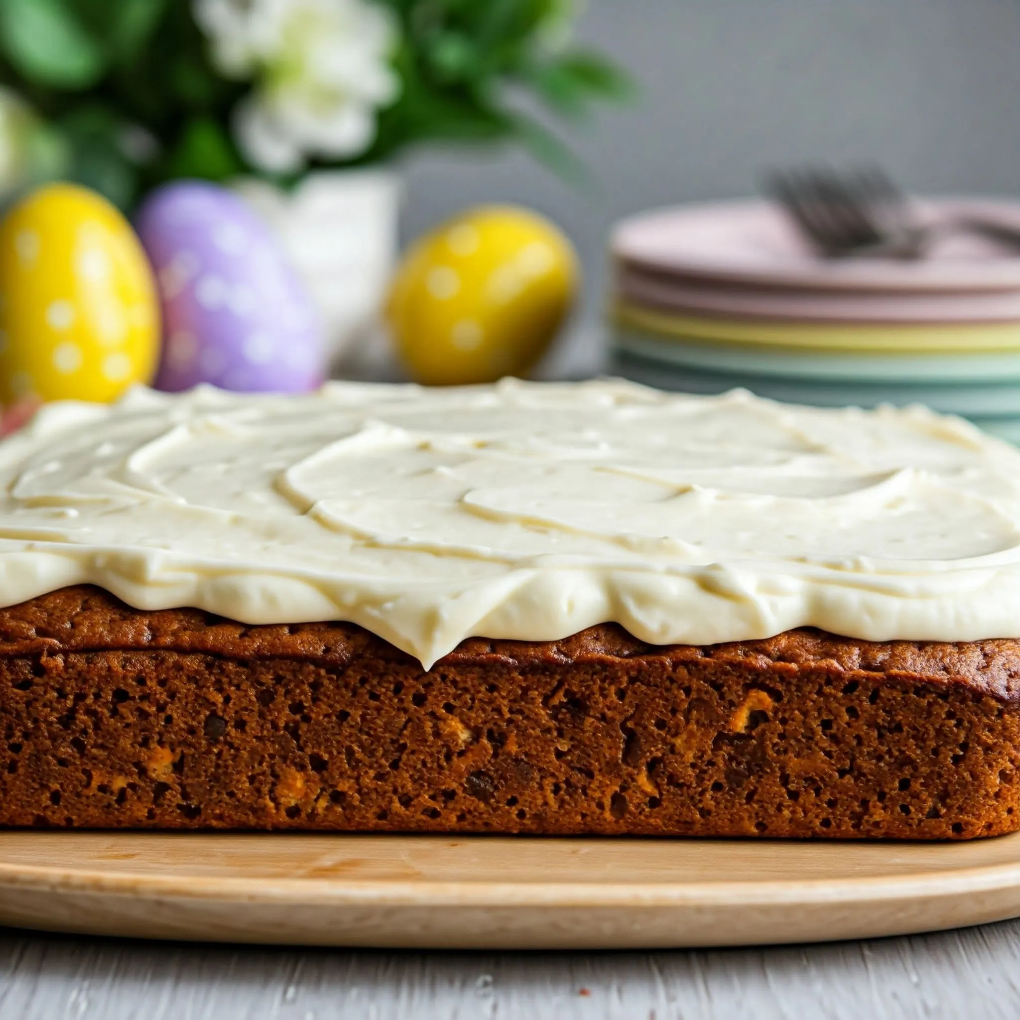 A freshly baked carrot cake topped with creamy cream cheese frosting, decorated with swirls and served on a festive table.