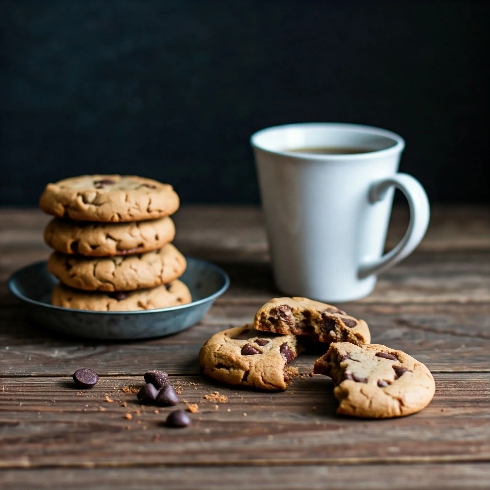Freshly Baked Vegan Chocolate Chip Cookies with a Cozy Tea egan chocolate chip cookies on a wooden surface with a cup of tea in the background.