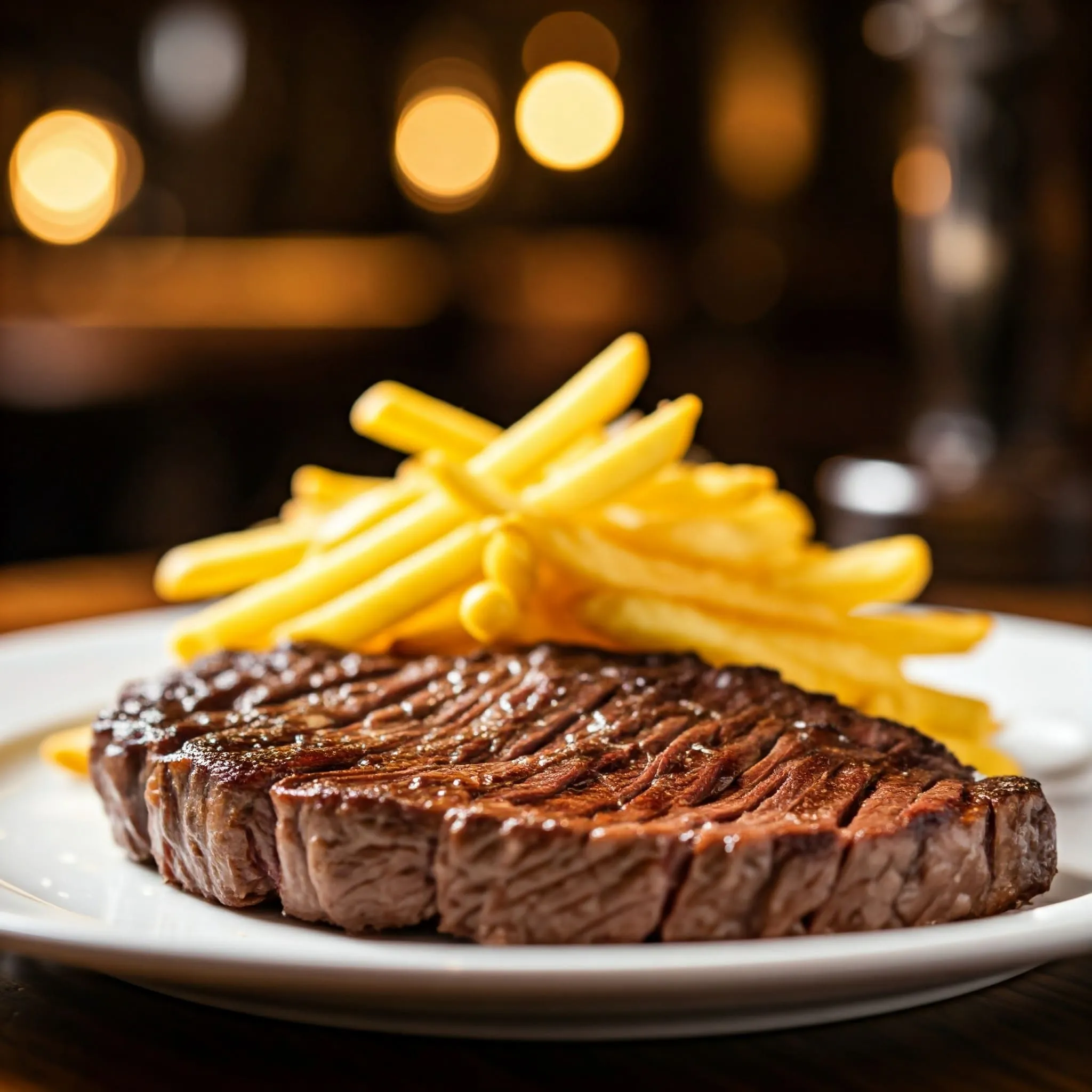 A perfectly cooked steak sliced and served with a side of thin french fries