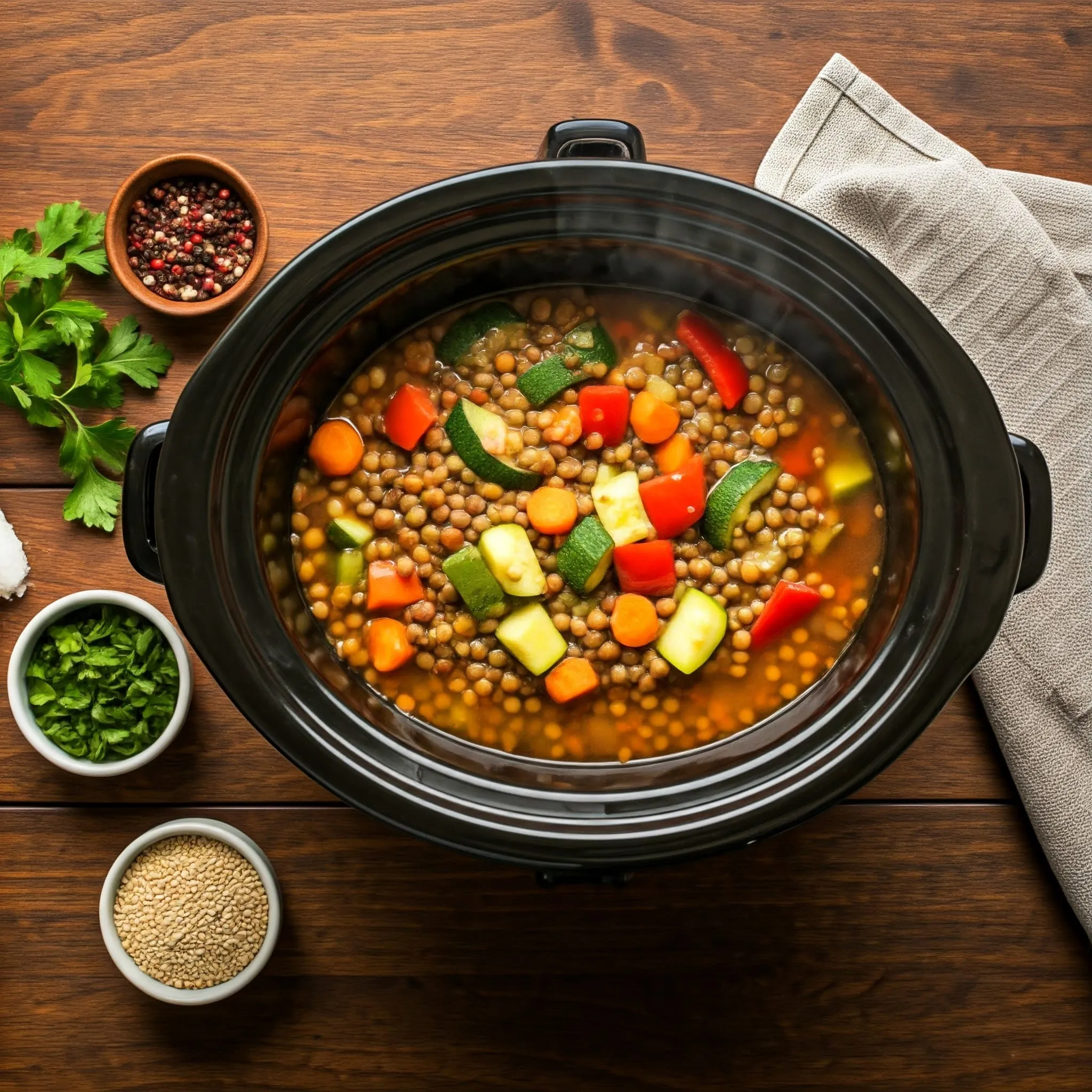 A crockpot filled with a vibrant vegetarian stew featuring lentils, colorful vegetables, and aromatic broth, surrounded by fresh herbs and spices on a rustic wooden countertop.