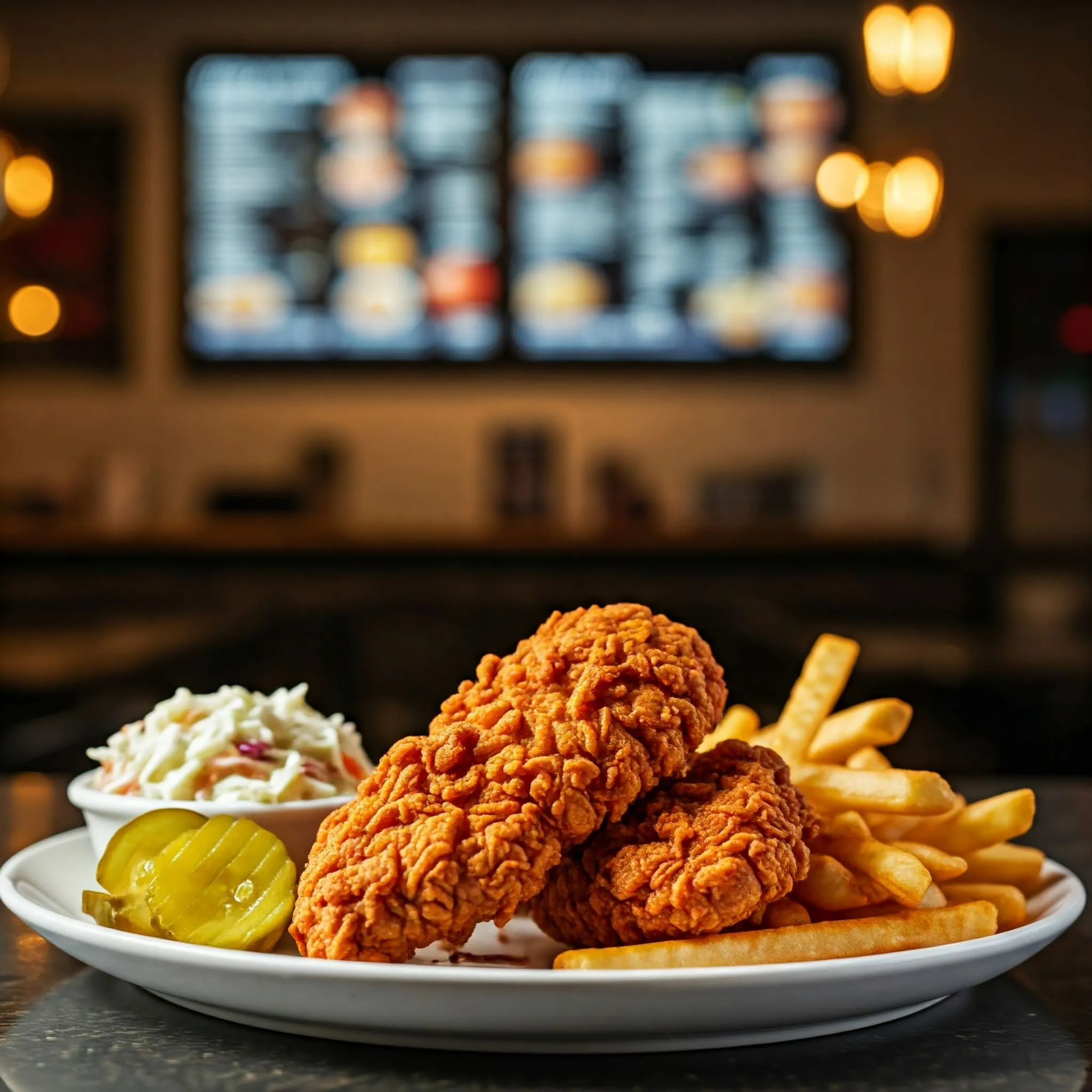 A plate of crispy, golden-brown chicken tenders from Dave’s Hot Chicken, served with pickles, creamy coleslaw, fries, and fluffy brioche buns, set in a modern restaurant ambiance.