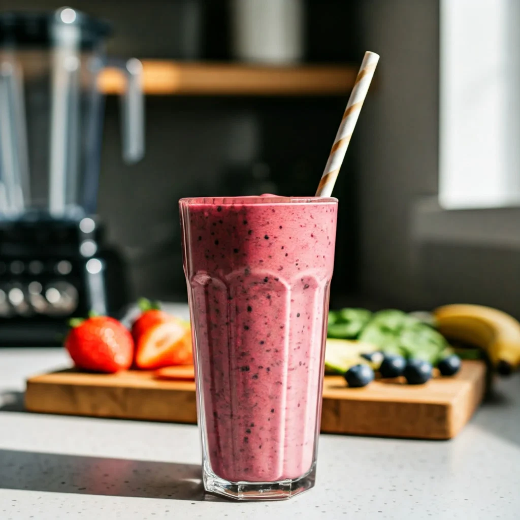 A vibrant smoothie made with fresh fruits like strawberries, bananas, and blueberries, placed on a kitchen countertop with a modern, bright atmosphere.