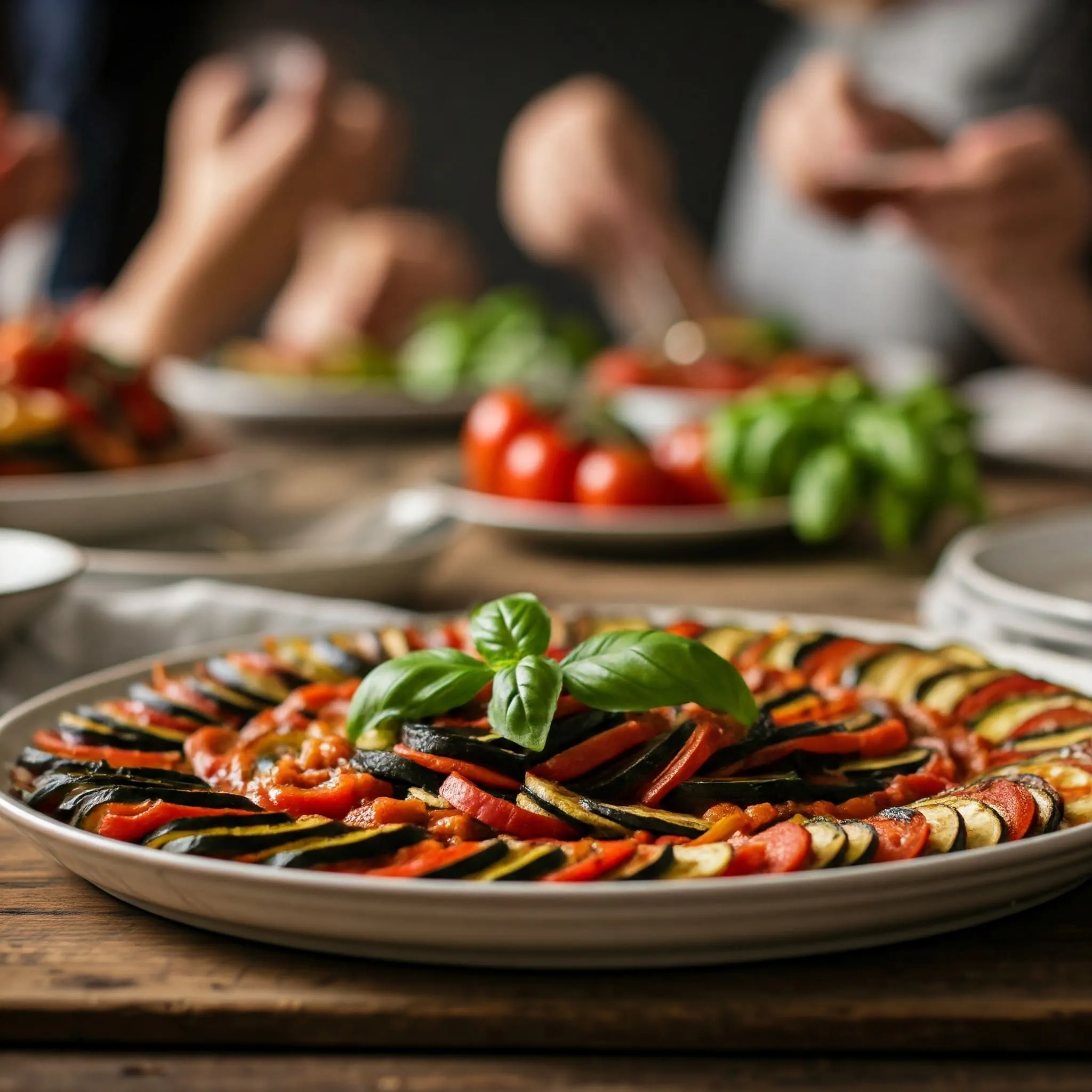 A colorful Ratatouille dish with layered slices of eggplant, zucchini, and bell peppers, showcasing the abundance of summer produce