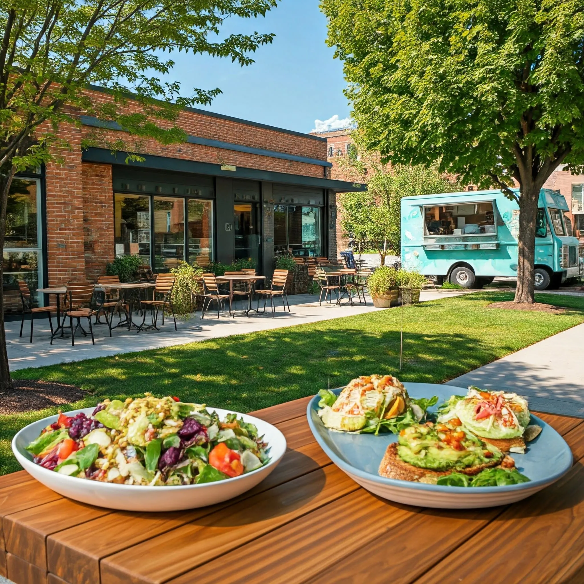 A vibrant neighborhood scene with healthy food options, including salads, smoothies, and Mediterranean dishes at outdoor cafes.