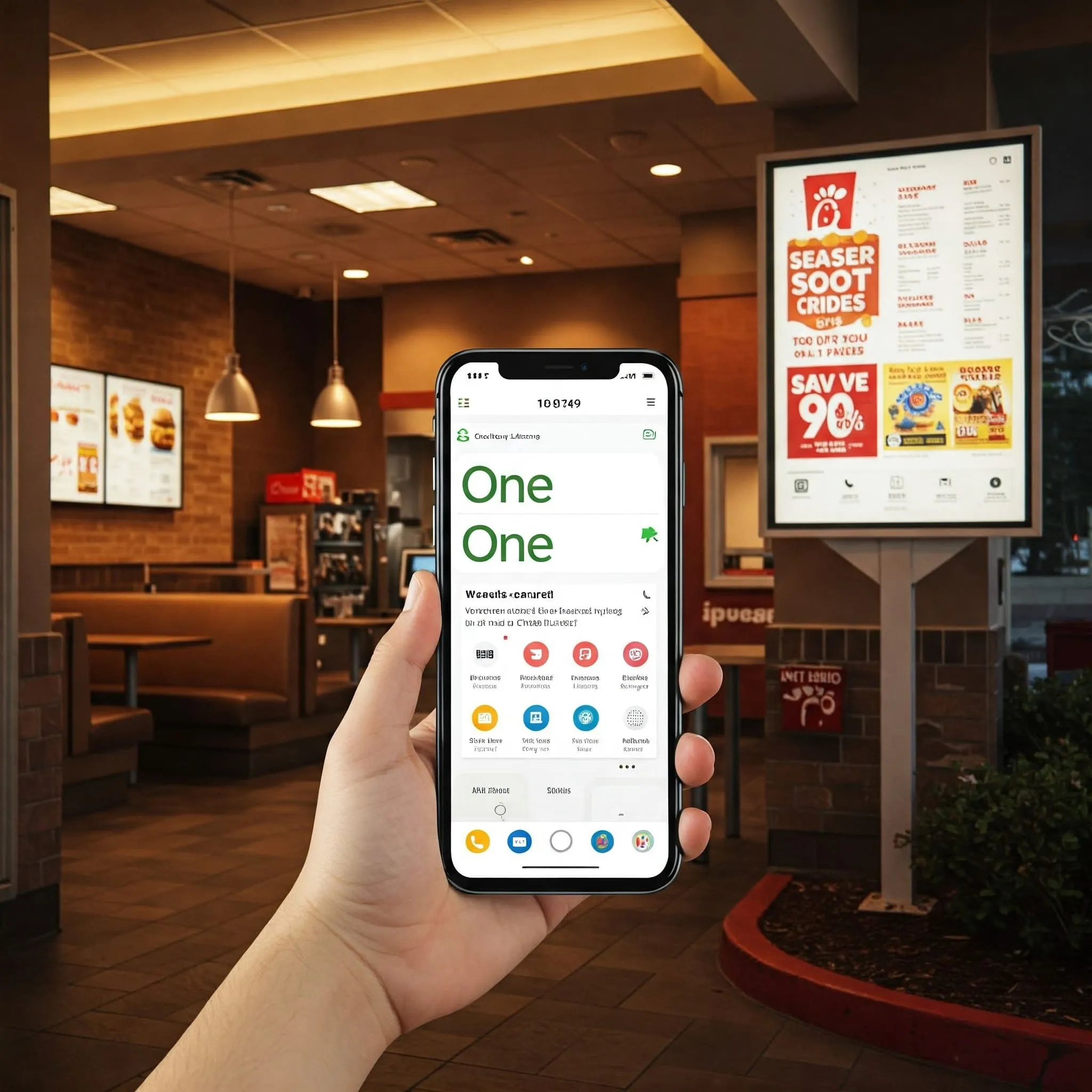 A friendly Chick-fil-A restaurant scene with staff providing excellent customer service to patrons at the drive-thru and counter, showcasing the fast, personalized experience and the restaurant's signature menu items.