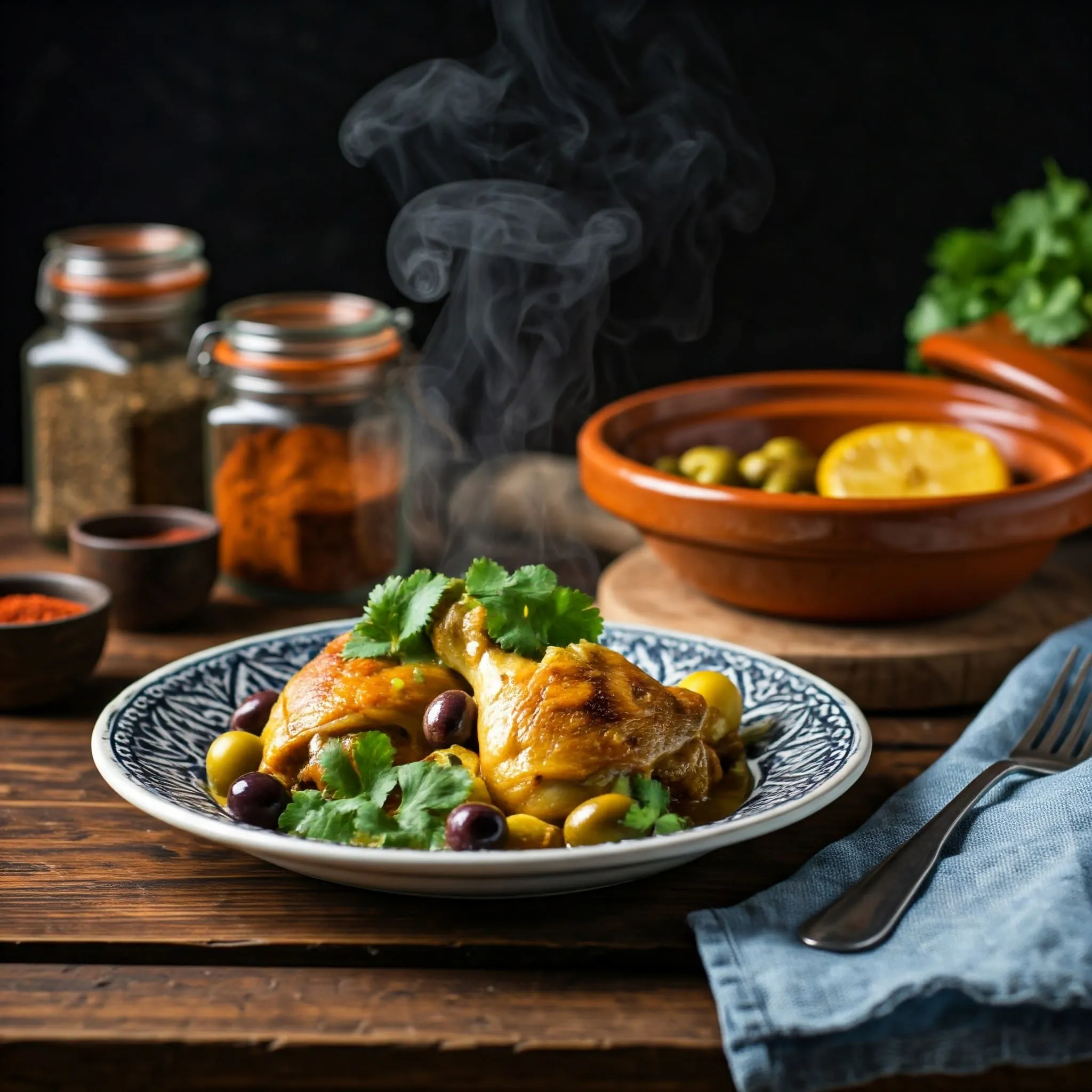 Freshly prepared chicken tagine garnished with cilantro and served with olives and preserved lemons.