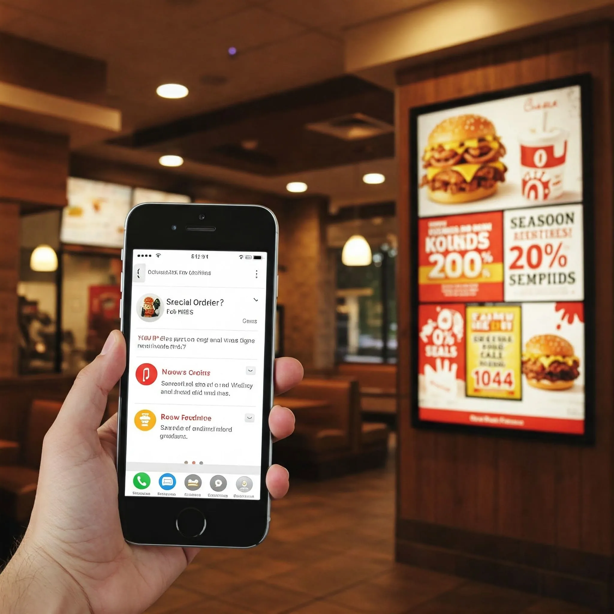 Chick-fil-A restaurant with a focus on the mobile app displaying rewards and discounts, showing the drive-thru and seasonal promotions.