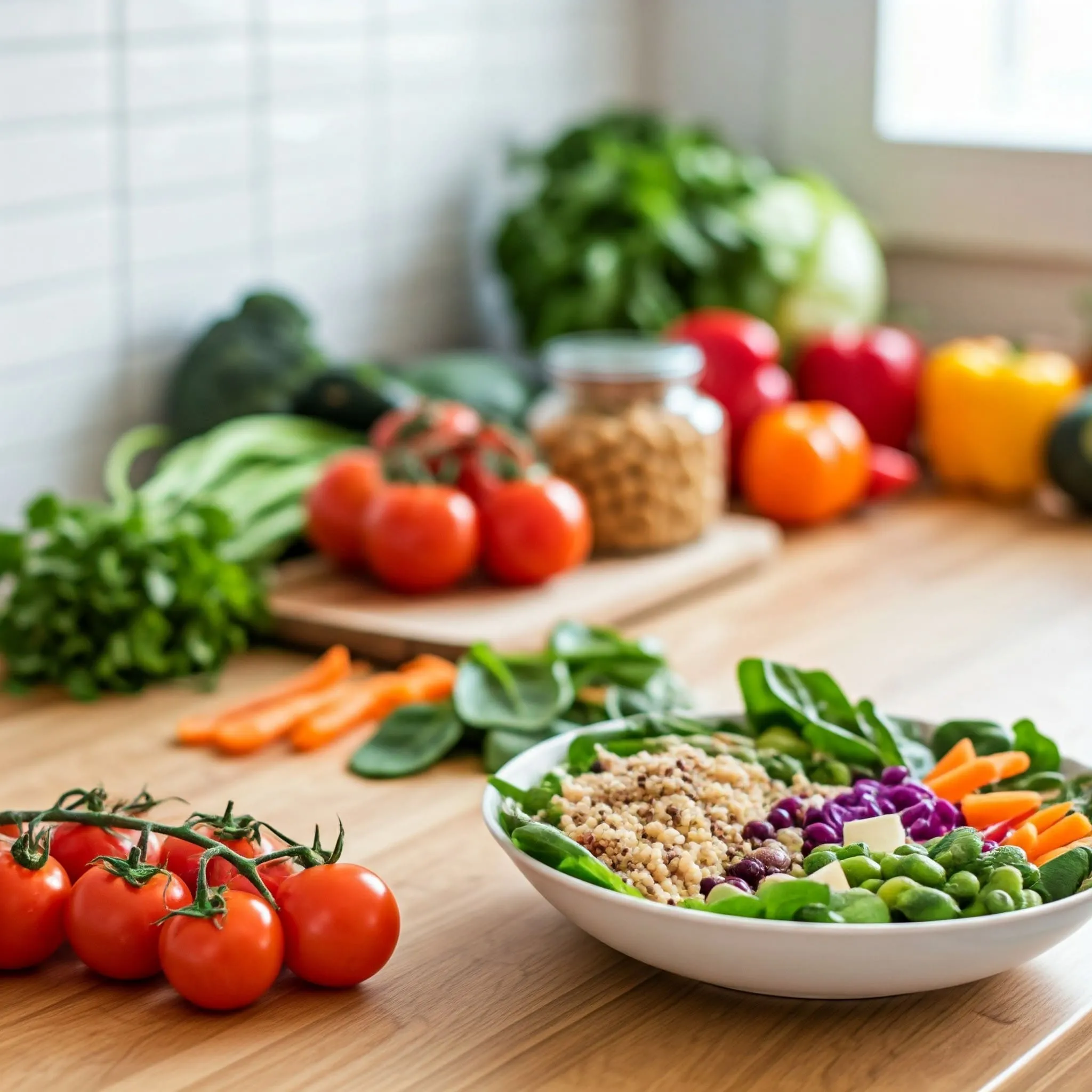 Colorful kitchen with fresh vegetables, pantry staples, and a healthy vegetarian quinoa bowl ready to eat.