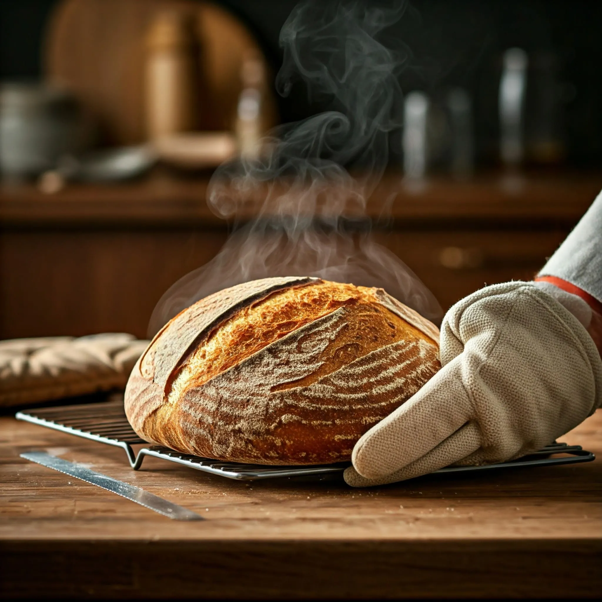 Freshly baked sourdough loaf with a crispy golden crust, removed from a Dutch oven, placed on a wooden countertop, with steam rising from the loaf.