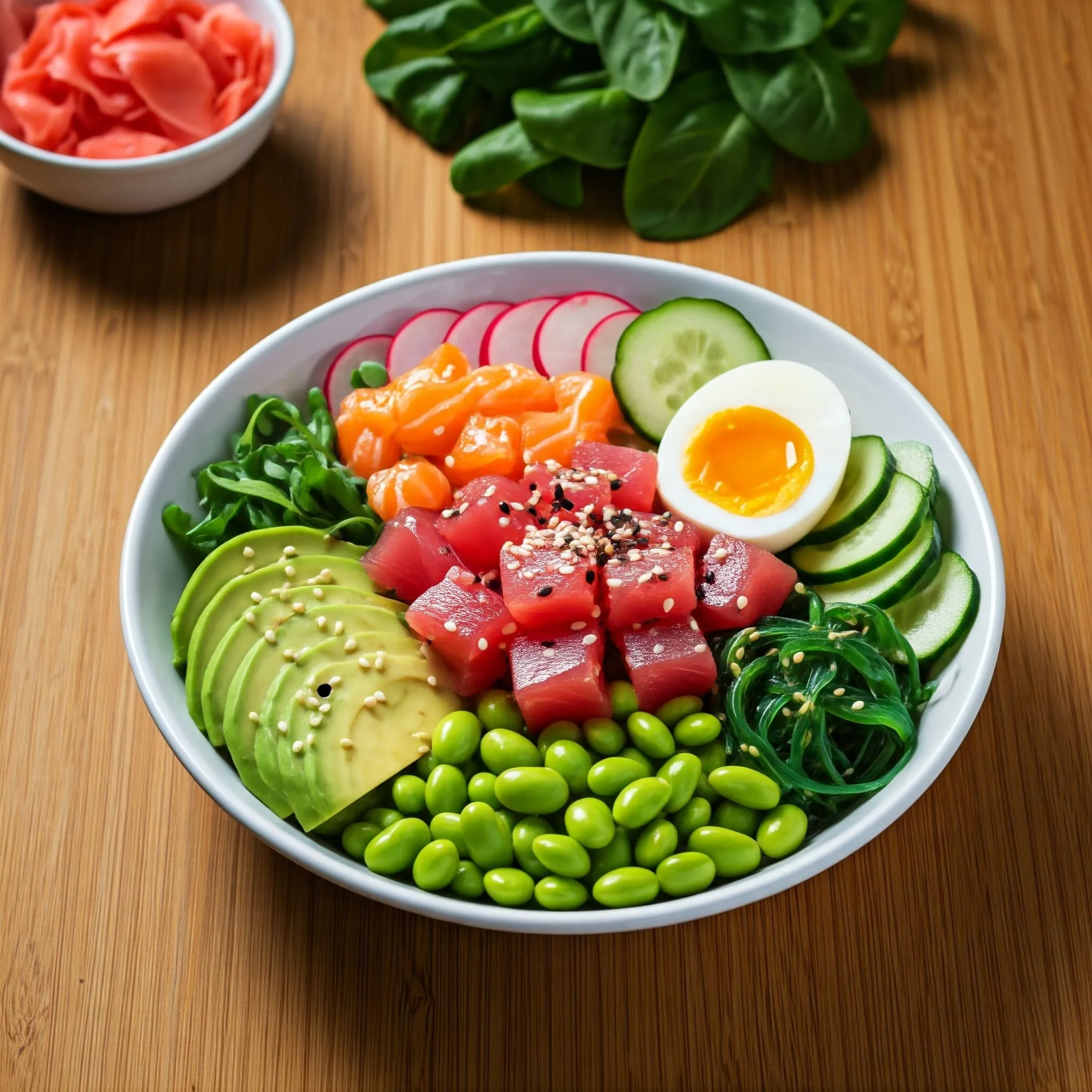 Fresh homemade poke bowl with sashimi-grade tuna, salmon, avocado, cucumber, edamame, and toppings like seaweed, soft-boiled egg, and spicy mayo.